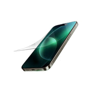 A clear glass screen protector for the iPhone 16 Plus, showing a side view of the protector applied on the phone screen.