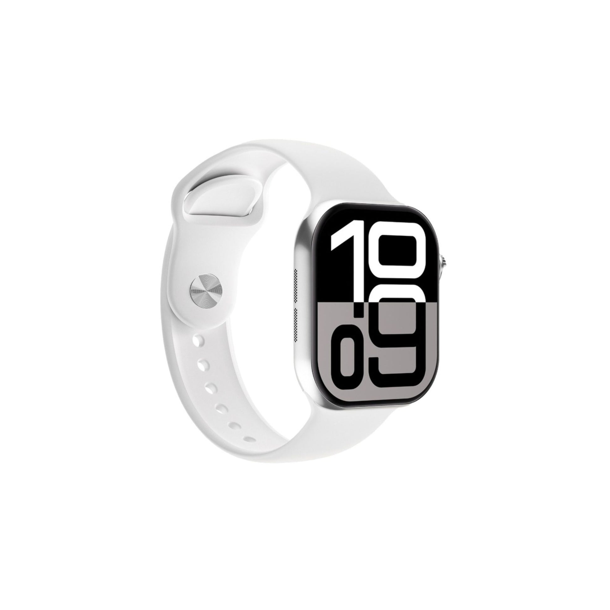 A silver-colored Green Lion Ultimate 10 smartwatch with a 2.07-inch Super AMOLED display, featuring a digital watch face and a stainless steel bracelet.