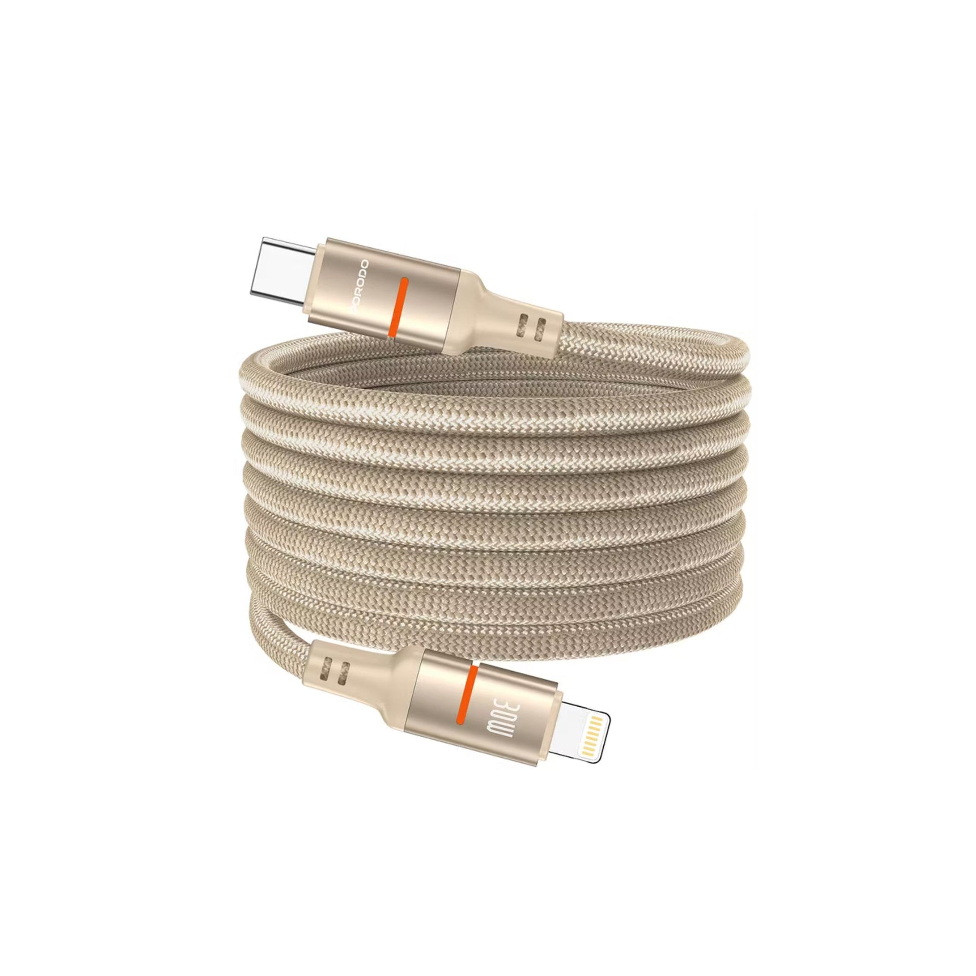 Multifunctional cable with USB-C and Lightning connectors on a white background