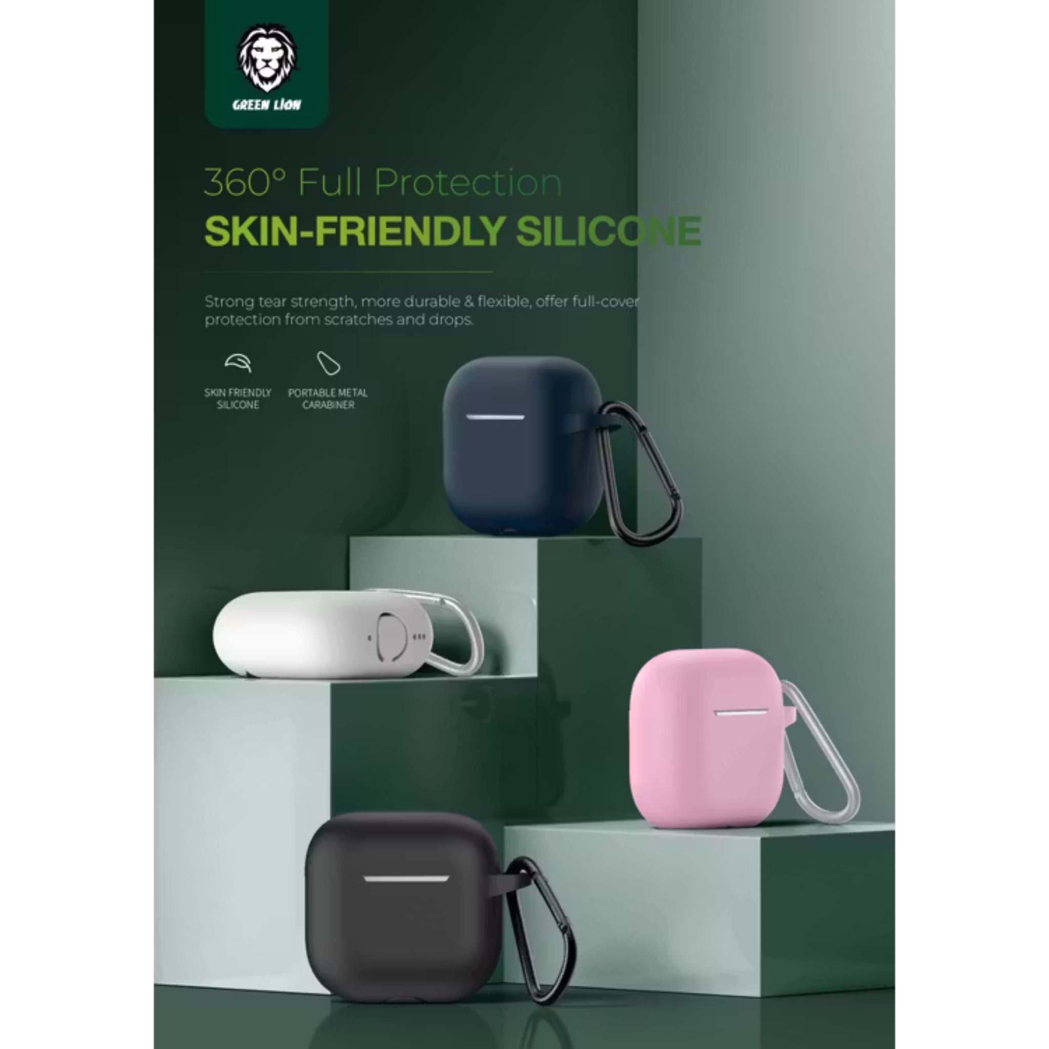 Green Lion Berlin Series Silicone Case for Airpods 4, Metal Carabiner, 360° Full Protection, Shock Absorbent, Skin Friendly Silicone, Washable Material - Pink
