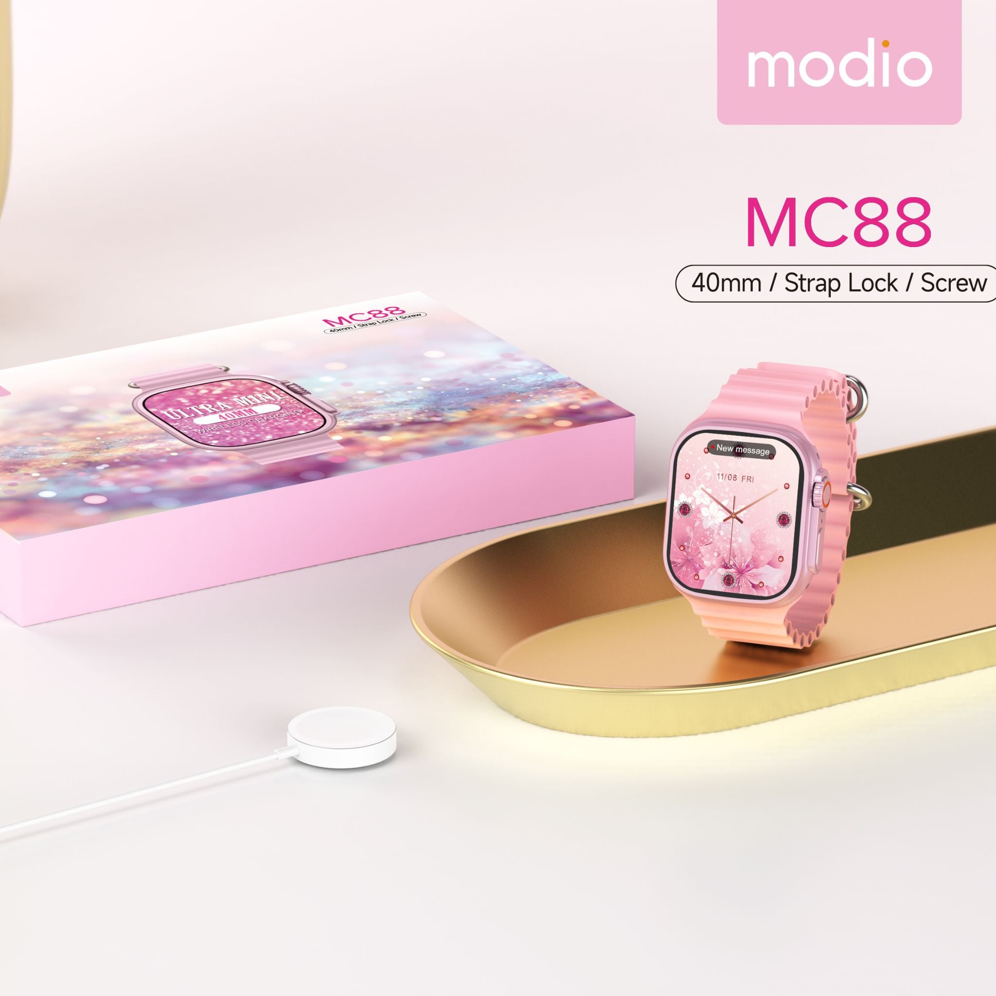 Modio MC88 Ultra Mini Smart Watch with 36mm HD Display, Wireless Magnetic Charging, Secure Strap Lock, Screw-Style Metal Frame, Bluetooth Calling, Health & Fitness Monitoring, Notifications, Compact Unisex Design – Lightweight & Stylish