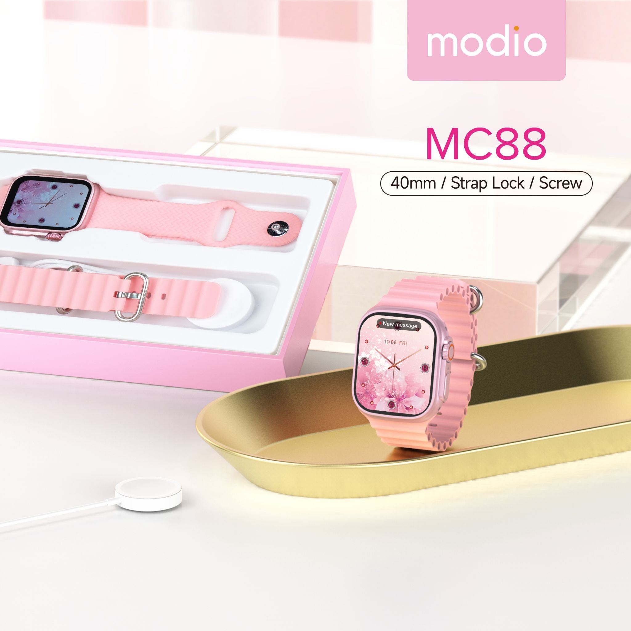 Modio MC88 Ultra Mini Smart Watch with 36mm HD Display, Wireless Magnetic Charging, Secure Strap Lock, Screw-Style Metal Frame, Bluetooth Calling, Health & Fitness Monitoring, Notifications, Compact Unisex Design – Lightweight & Stylish