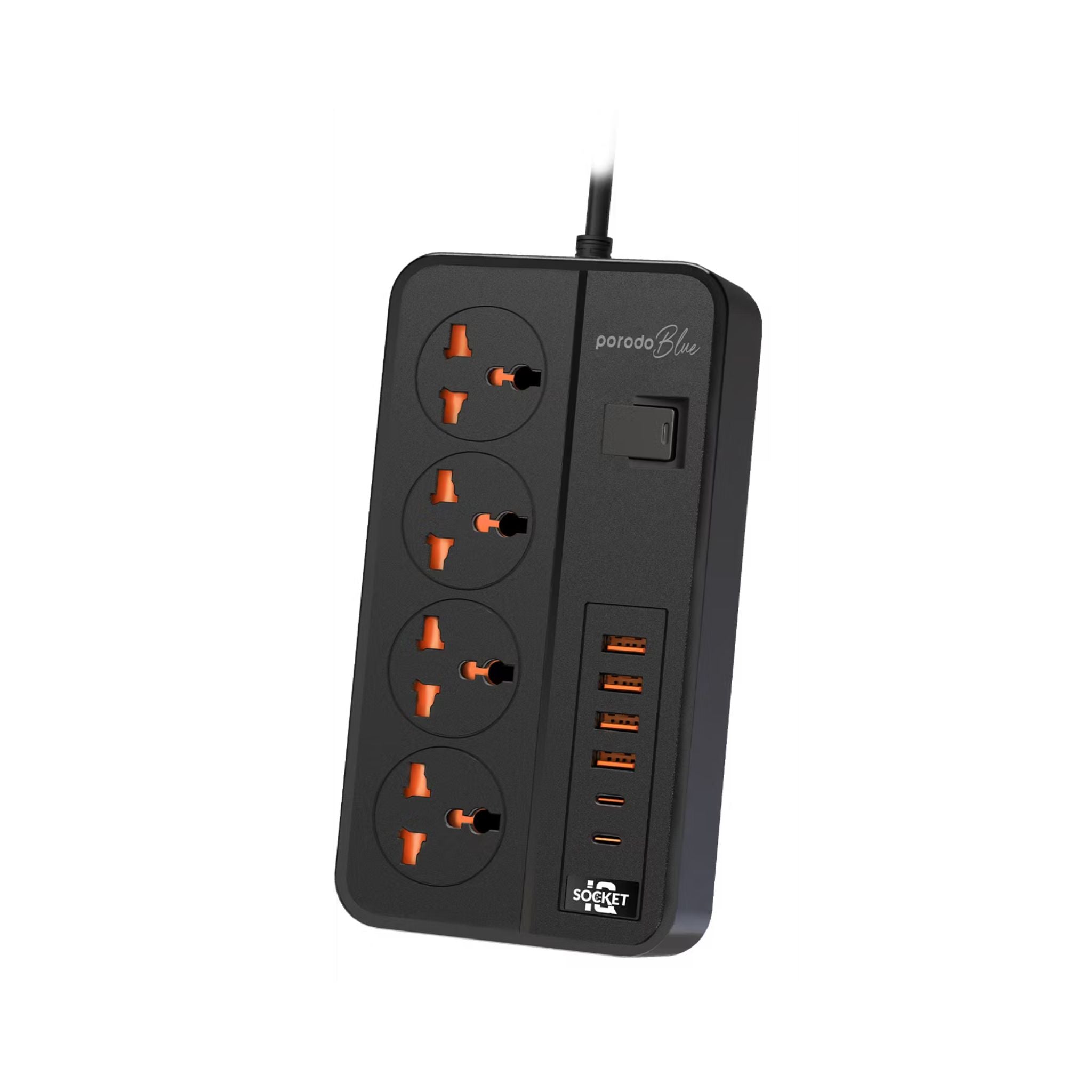 Porodo 4 AC Universal Power Strip with ×4 USB-A & ×2 USB-C Ports, 3000W Rated Power, 3m Cable Length, UK 3-Pin Power Plug, Premium Materials, Safety Shutters - Black