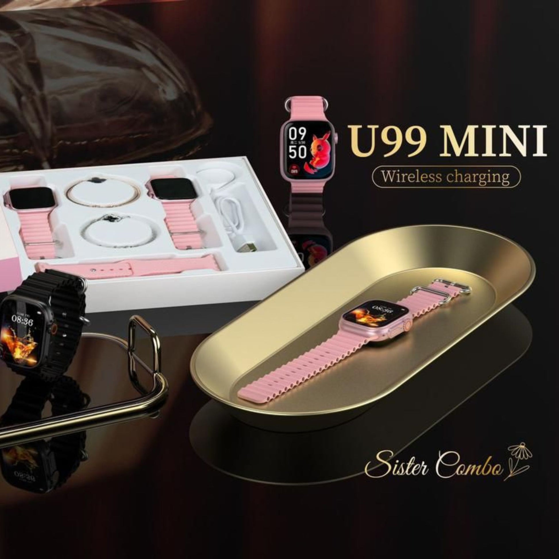 A Modio Sister Combo U99 Mini smartwatch in pink color with wireless charging capabilities, along with two bangles as accessories, displayed on a gold-colored stand.
