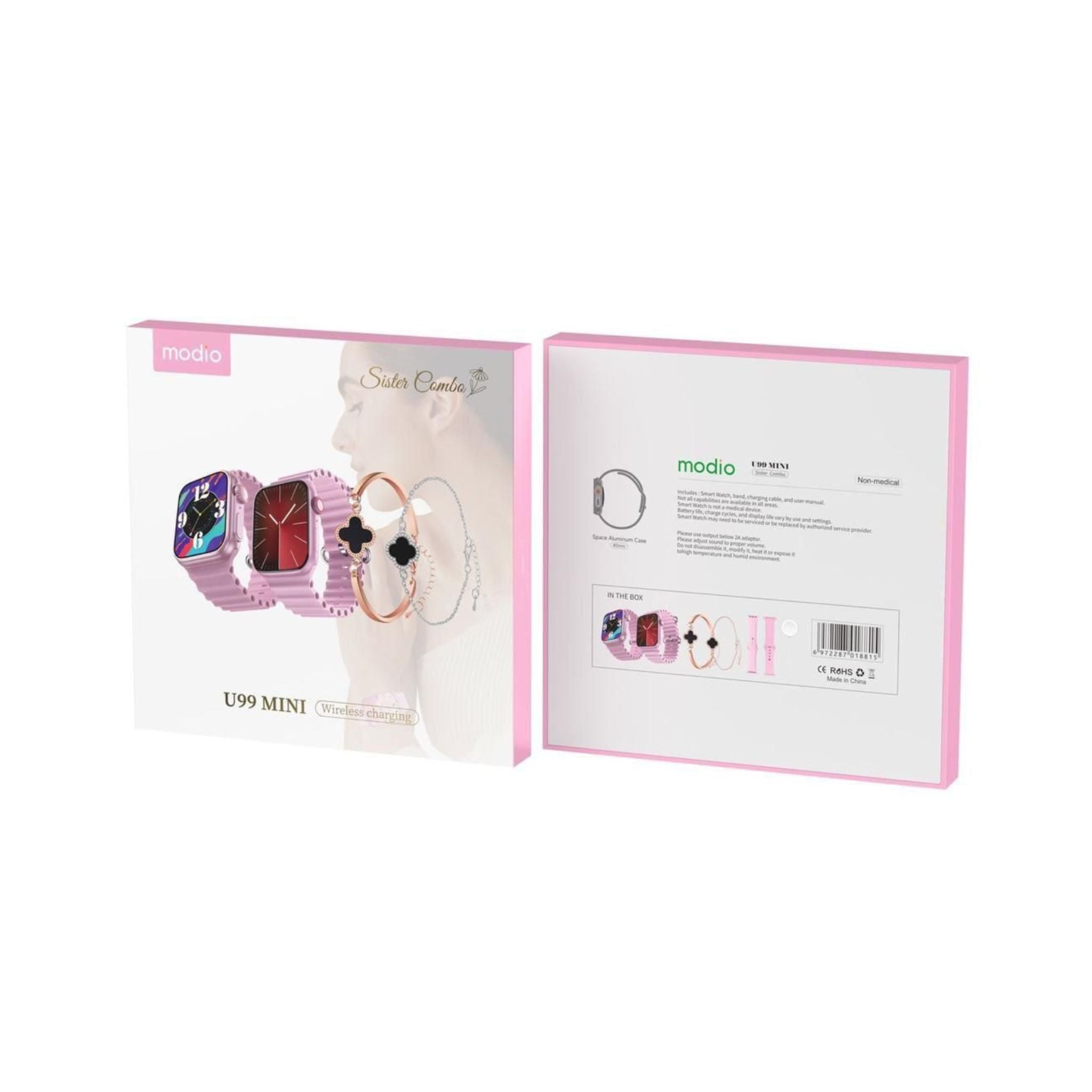Modio U99 Mini Smartwatch with Wireless Charging, Durable Space Aluminium Case, Fitness Tracker, Heart Rate Monitor, Sports Mode, Waterproof, Compatible with Android & iOS – Pink