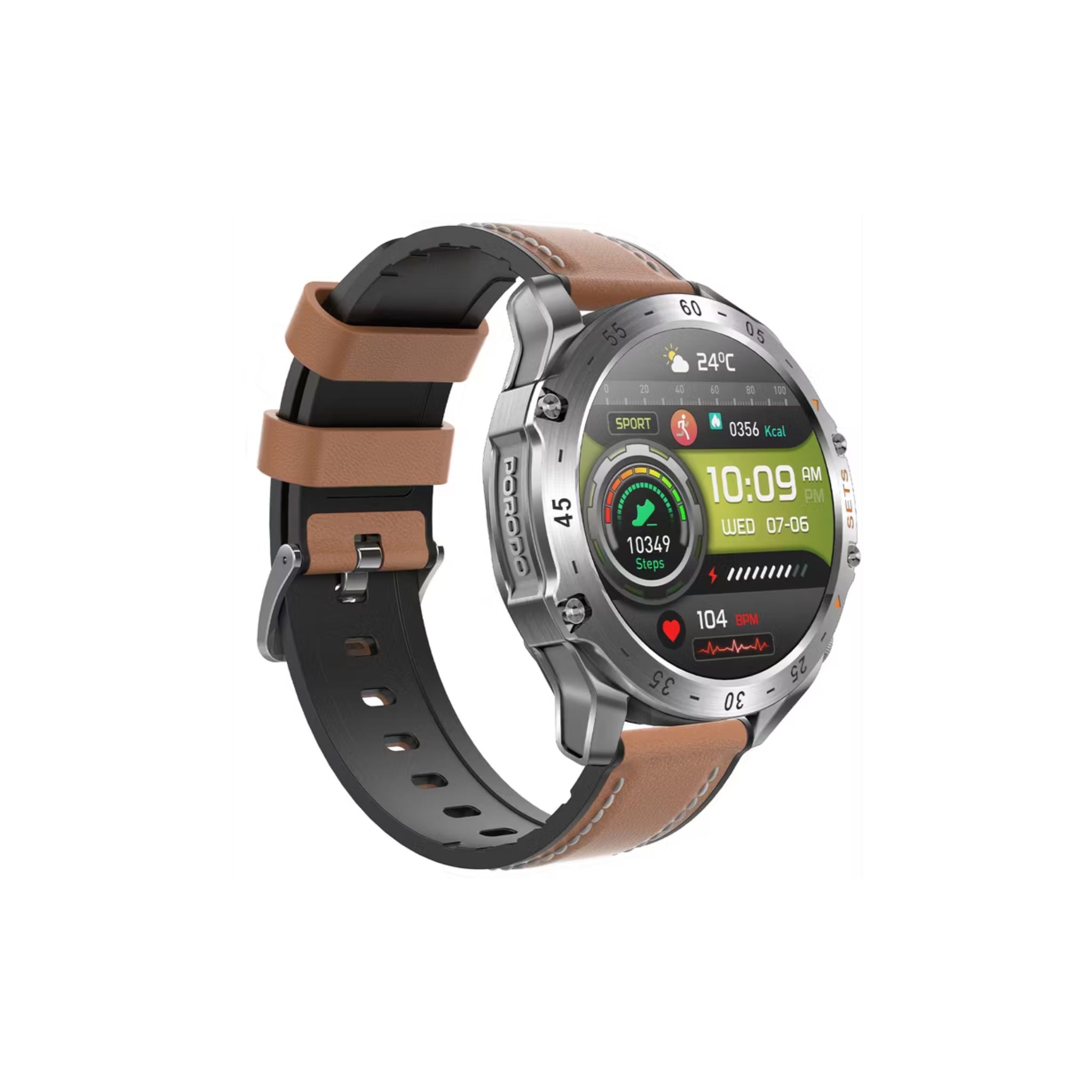 Porodo Hype Smart Watch with Wireless Earbuds and Black Leather Band, Compatible with Android 5.0, iOS 10.0 and Above