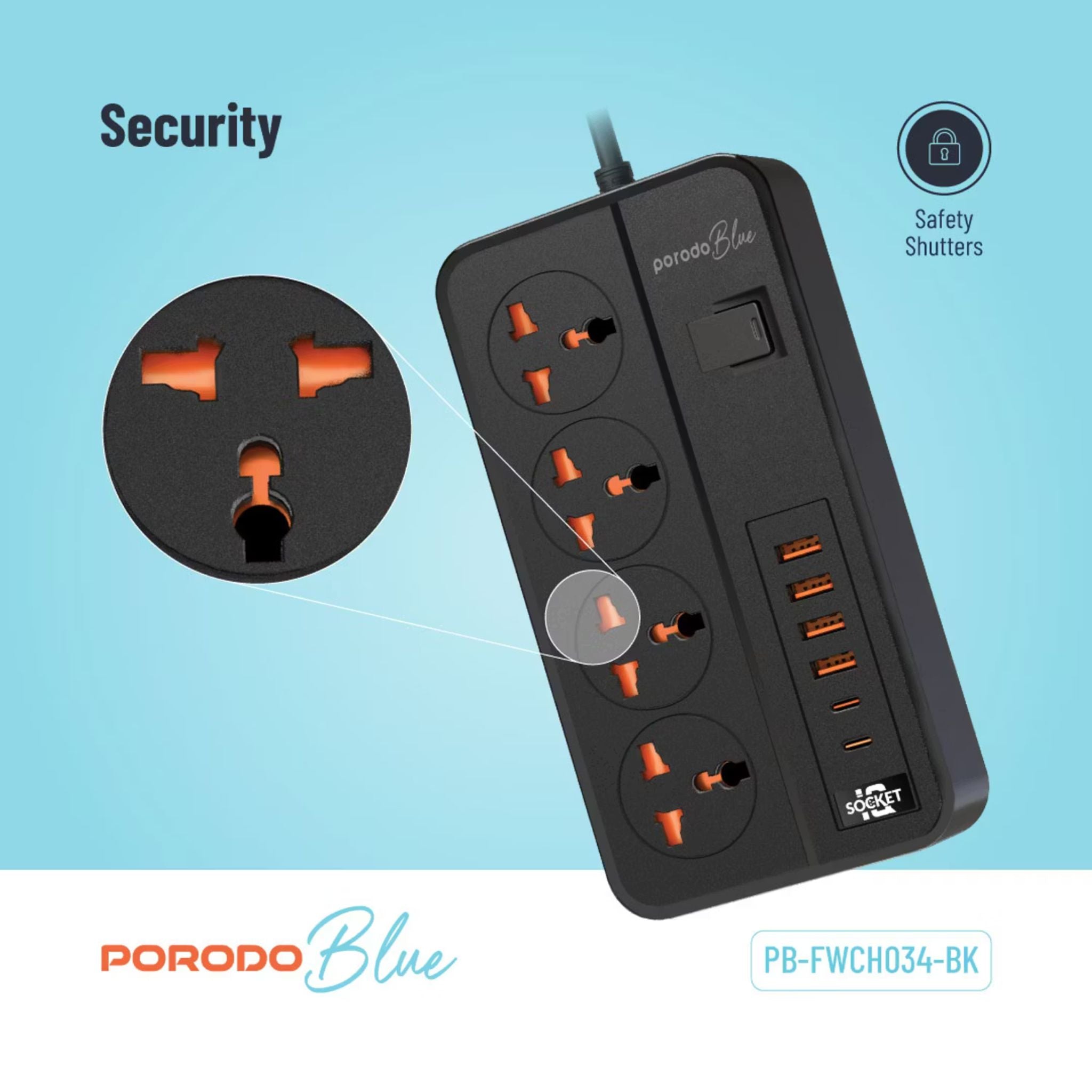 Porodo 4 AC Universal Power Strip with ×4 USB-A & ×2 USB-C Ports, 3000W Rated Power, 3m Cable Length, UK 3-Pin Power Plug, Premium Materials, Safety Shutters - Black