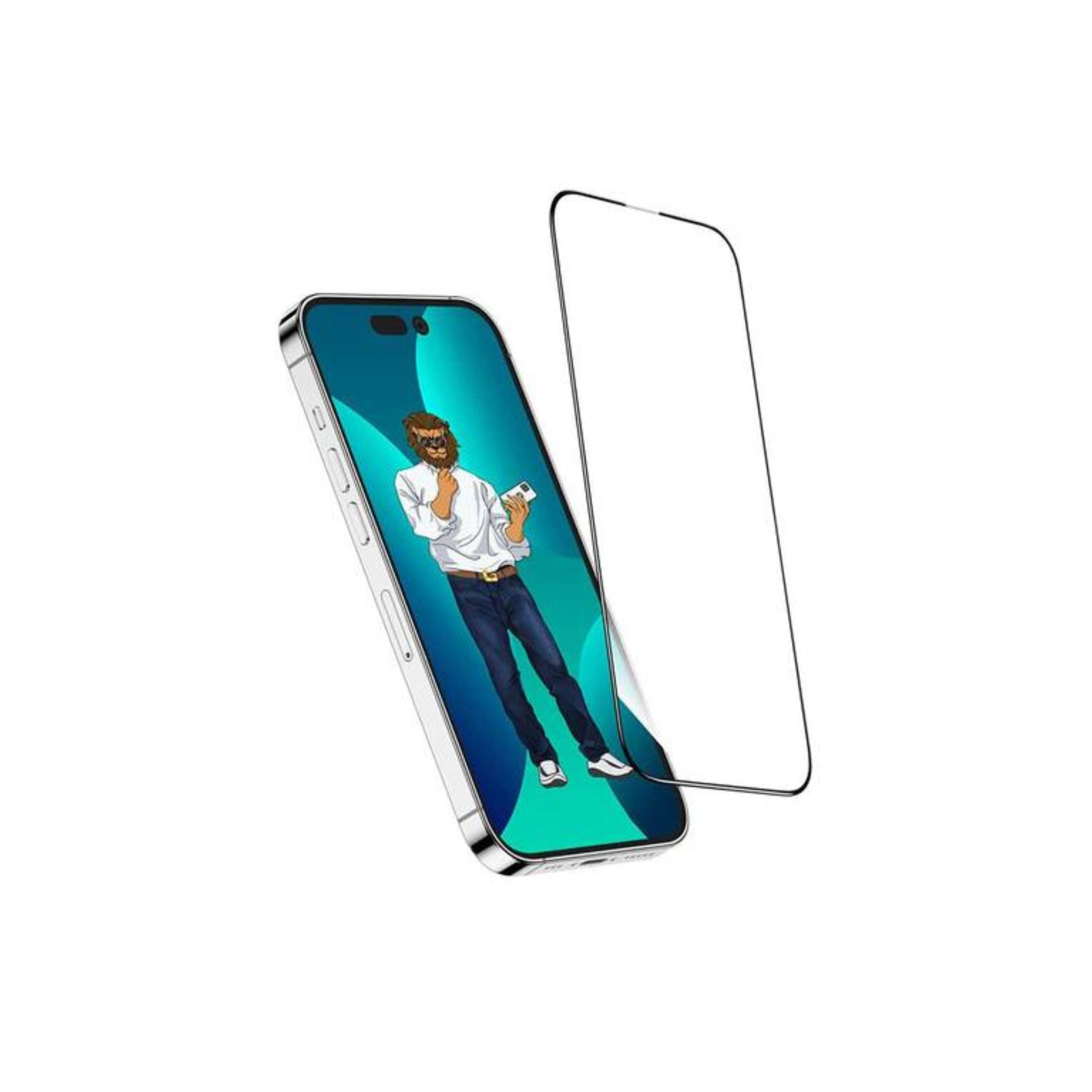 A graphic illustrating a smartphone screen with a cartoon character and a transparent glass screen protector beside it.