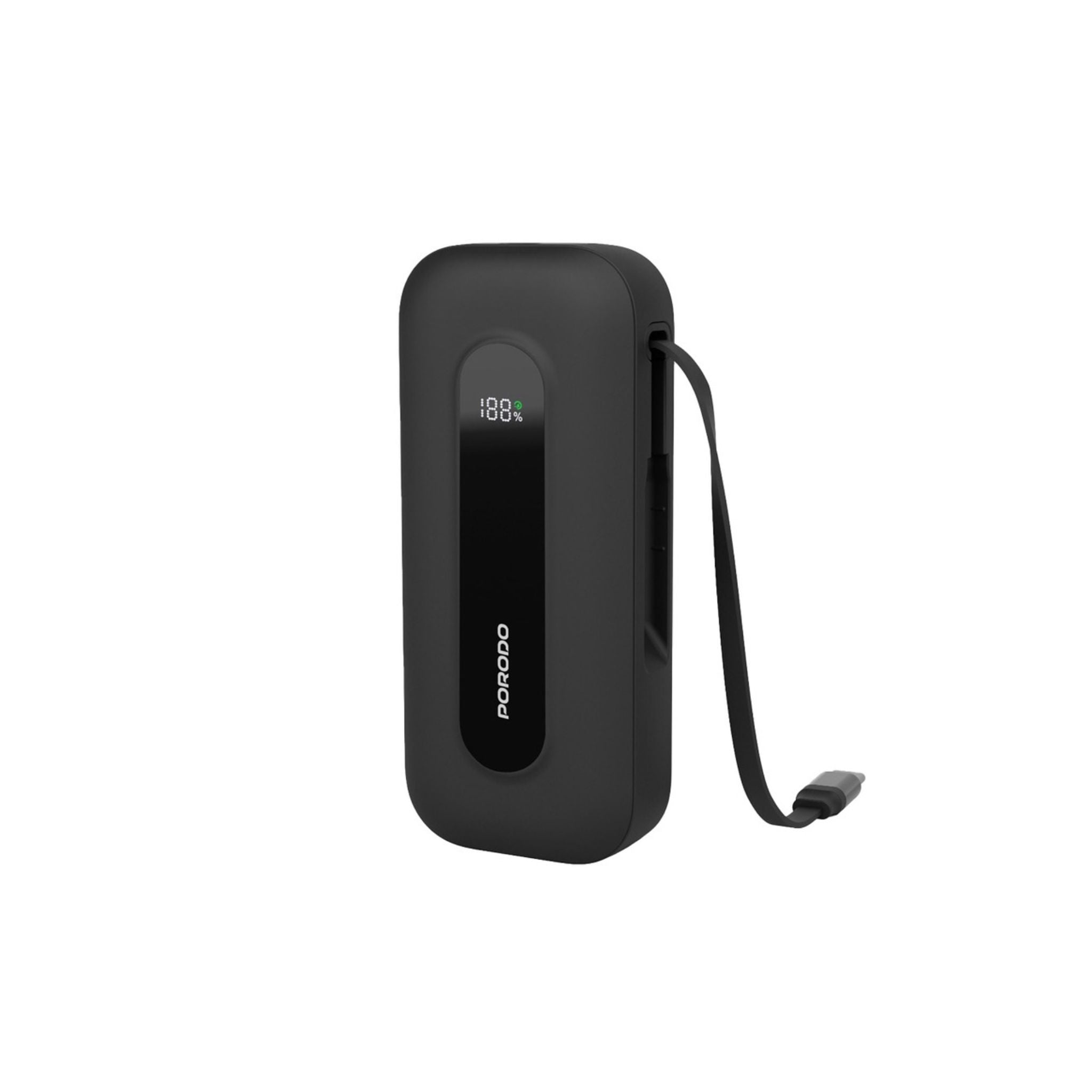 Porodo 10000mAh Power Bank with Type-C Port & Integrated Type-C Cable, Digital Display, PD 30W, Lightweight & Portable - Black