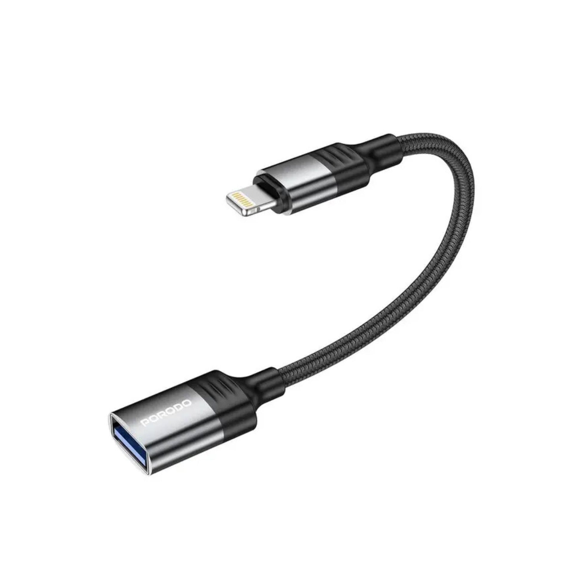 A black Porodo Lightning OTG Wire with a braided cable design and a Lightning connector on one end, compatible with Apple devices.