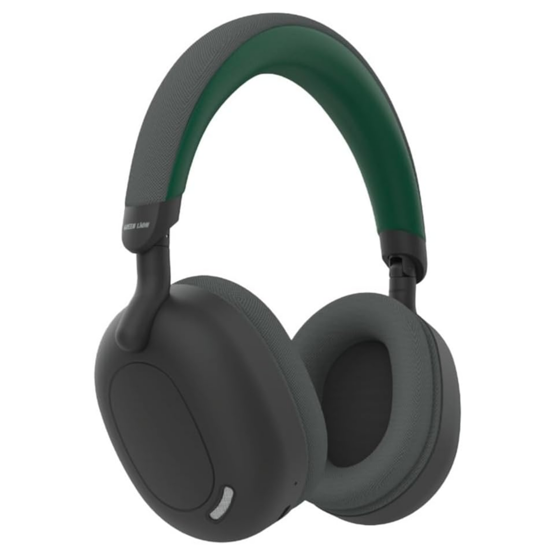 Black over-ear headphones with green headband on a white background