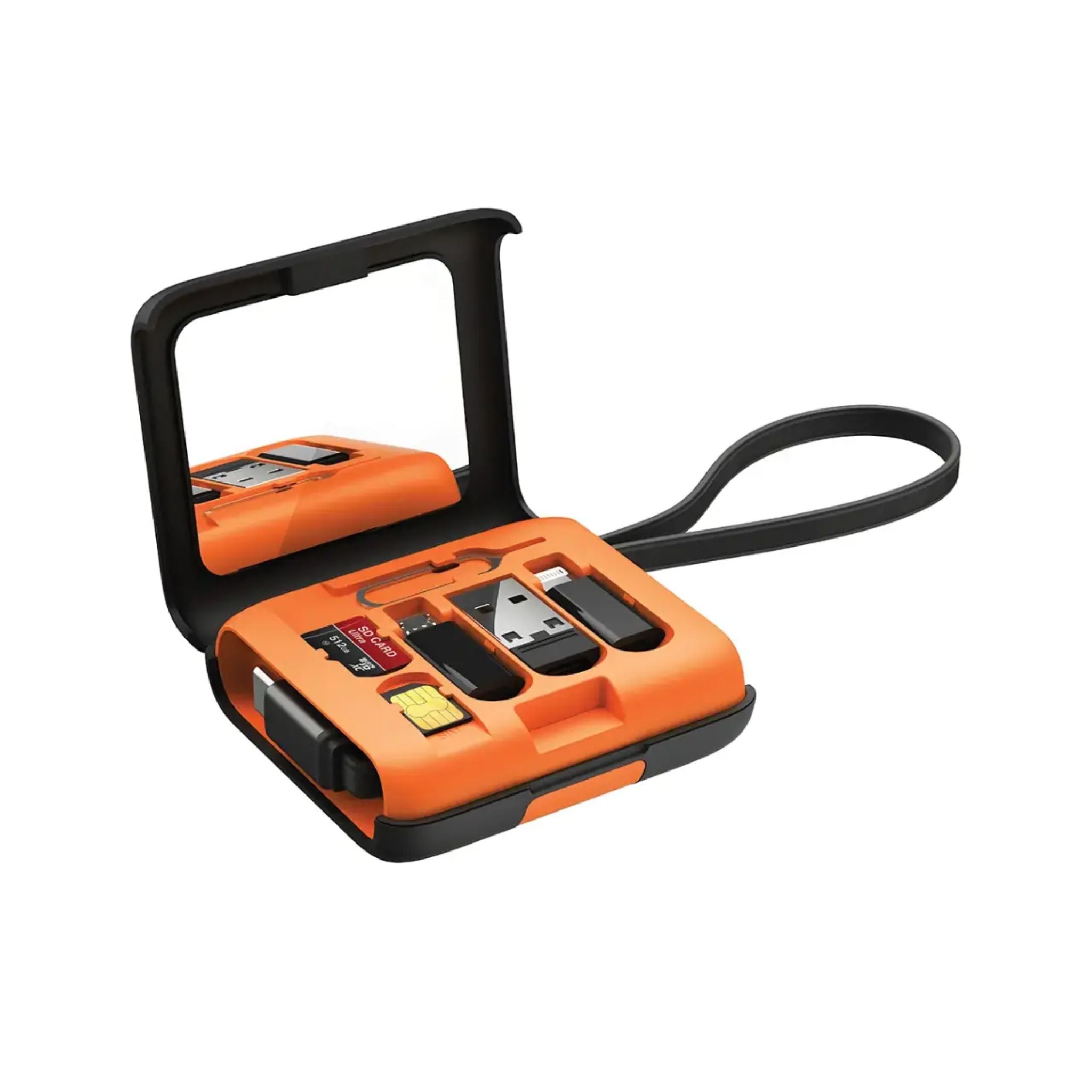 Porodo Multi-Functional Travel Data Cable Set with Built-in Phone Stand, USB-A, Lightning, Micro USB, Type-C Connectors, 2 SIM Card Slots & 1 TF Card Slot - Orange