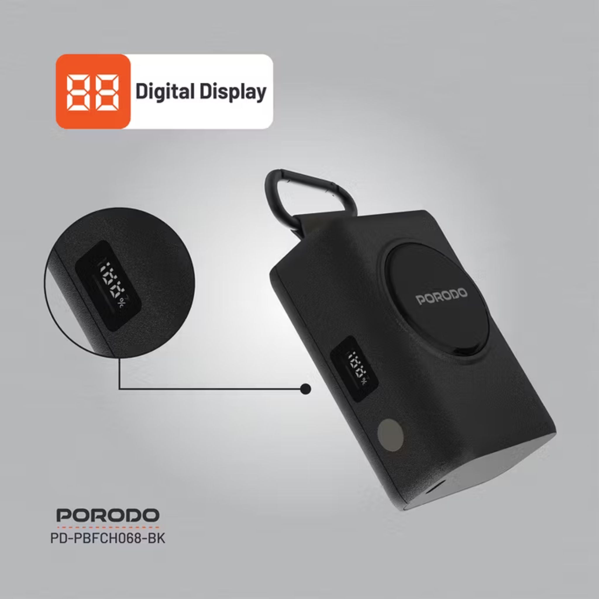 Porodo 10000mAh Power Bank with 70cm Retractable Type-C Cable, 45W Power Delivery, Built-in Safeguards, Digital Display, 0-40°C Operating Temperature - Black