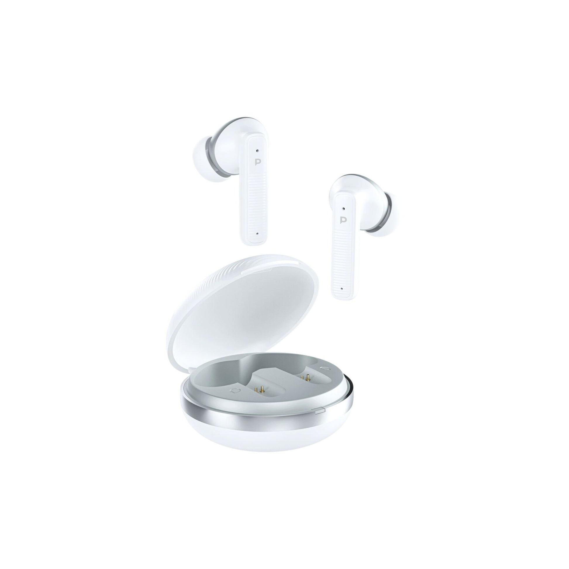 A pair of white Powerology TWS earbuds with a charging case, featuring a Type-C port and smart touch controls.