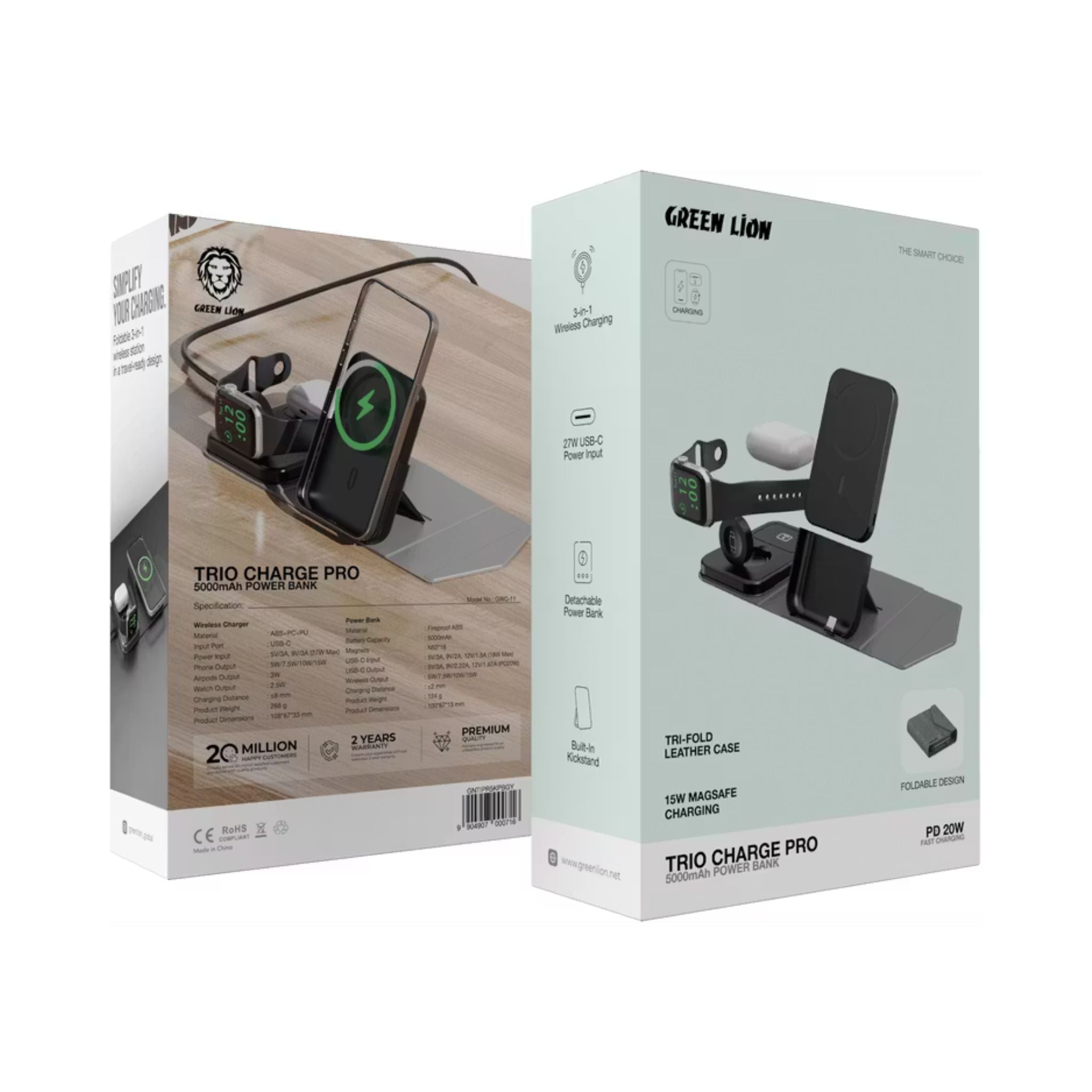 Green Lion Trio Charger Pro 5000mAh Power Bank, PD 20W with 3-in-1 Wireless Charging, Detachable Power Bank, Built-in Kickstand, 27W USB-C Power Input - Gray