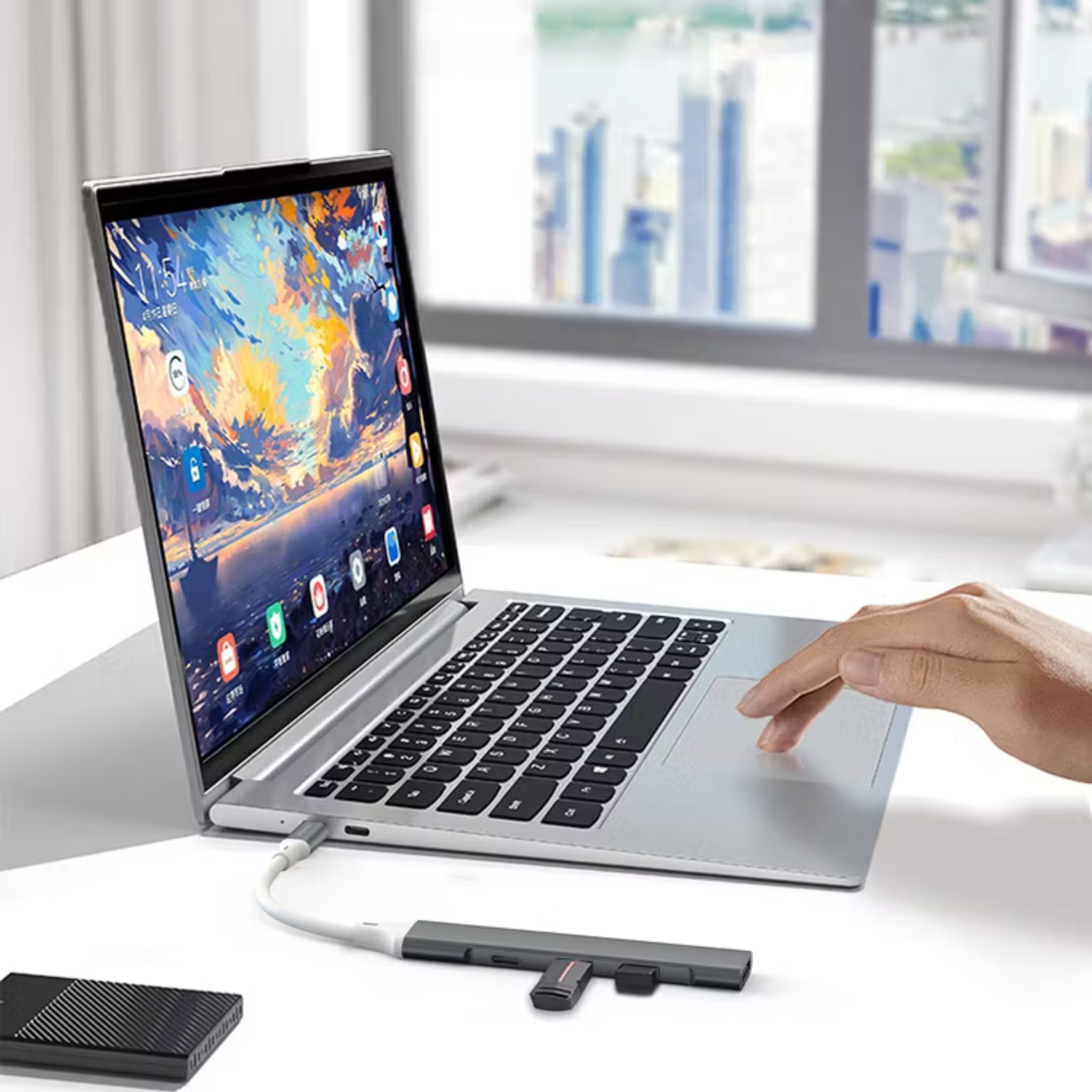 Porodo 4-in-1 Multi-Port USB-C Hub with Fast Data Transfer, Plug and Play Operation, Durable Aluminum Build, 2× USB 2.0, USB 3.0, USB-C Port, 5 Gbps USB 3.0 Transfer Rate, Aluminum Alloy and TPE Material - Gray