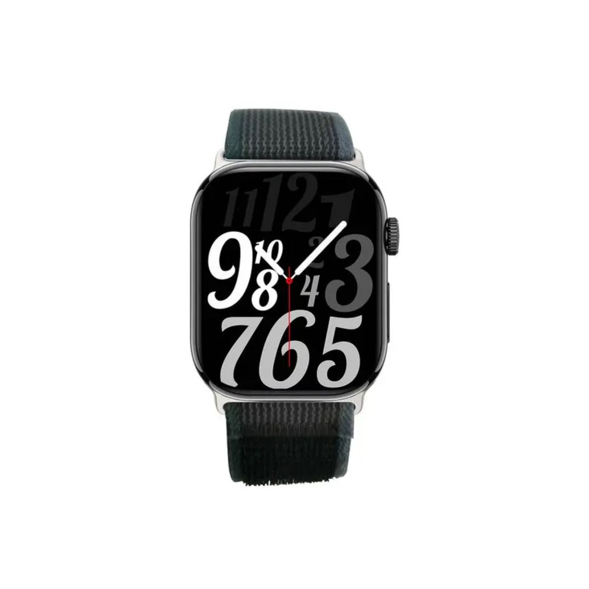 A black Porodo Magnifico 3 smartwatch with a digital display showing time and date, featuring a textured band and a buckle clasp.