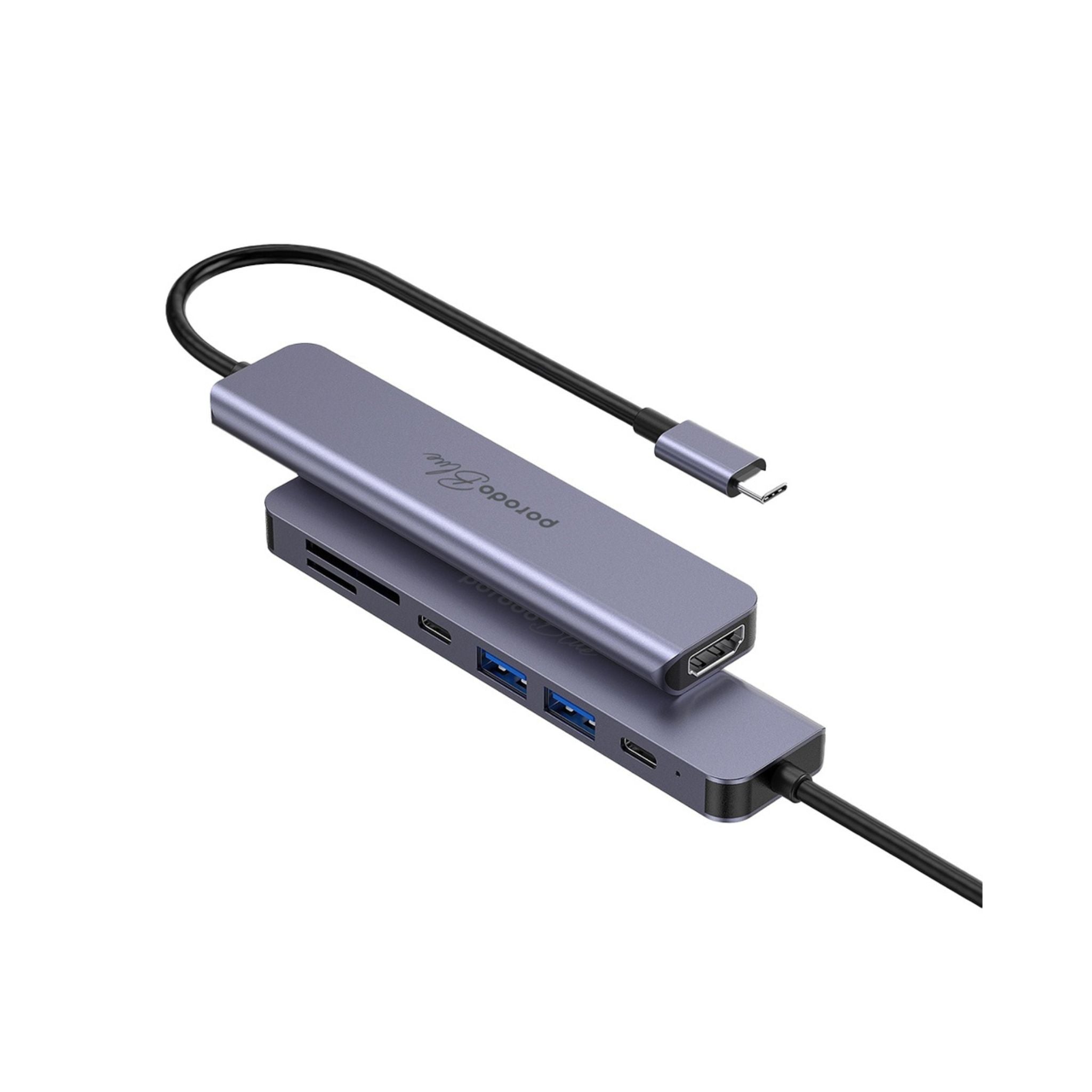 Porodo Blue 7 Ports USB-C HUB 4K HDMI & Dual USB-C, 100W PD, Card Reader, Plug and Play, Hot Swappable, Windows/Mac OS/Android - Gray