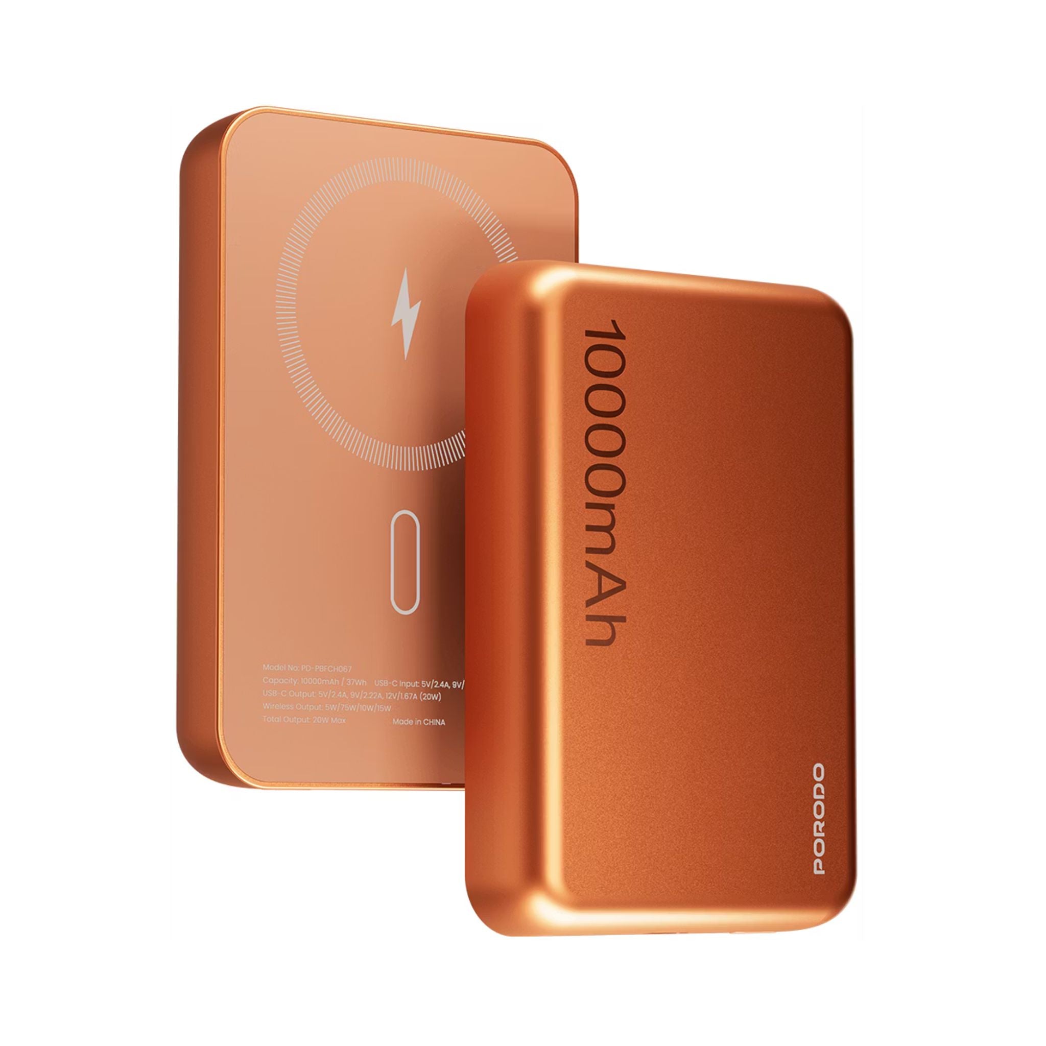 Porodo 10000mAh MagSafe Power Bank with Fast Charge, Portable & Compact Design, Type-C Input, Type-C & Wireless Outputs, 10° C-45° C Working Temperature, Strong Magnetic Hold, 20W Power Delivery - Orange