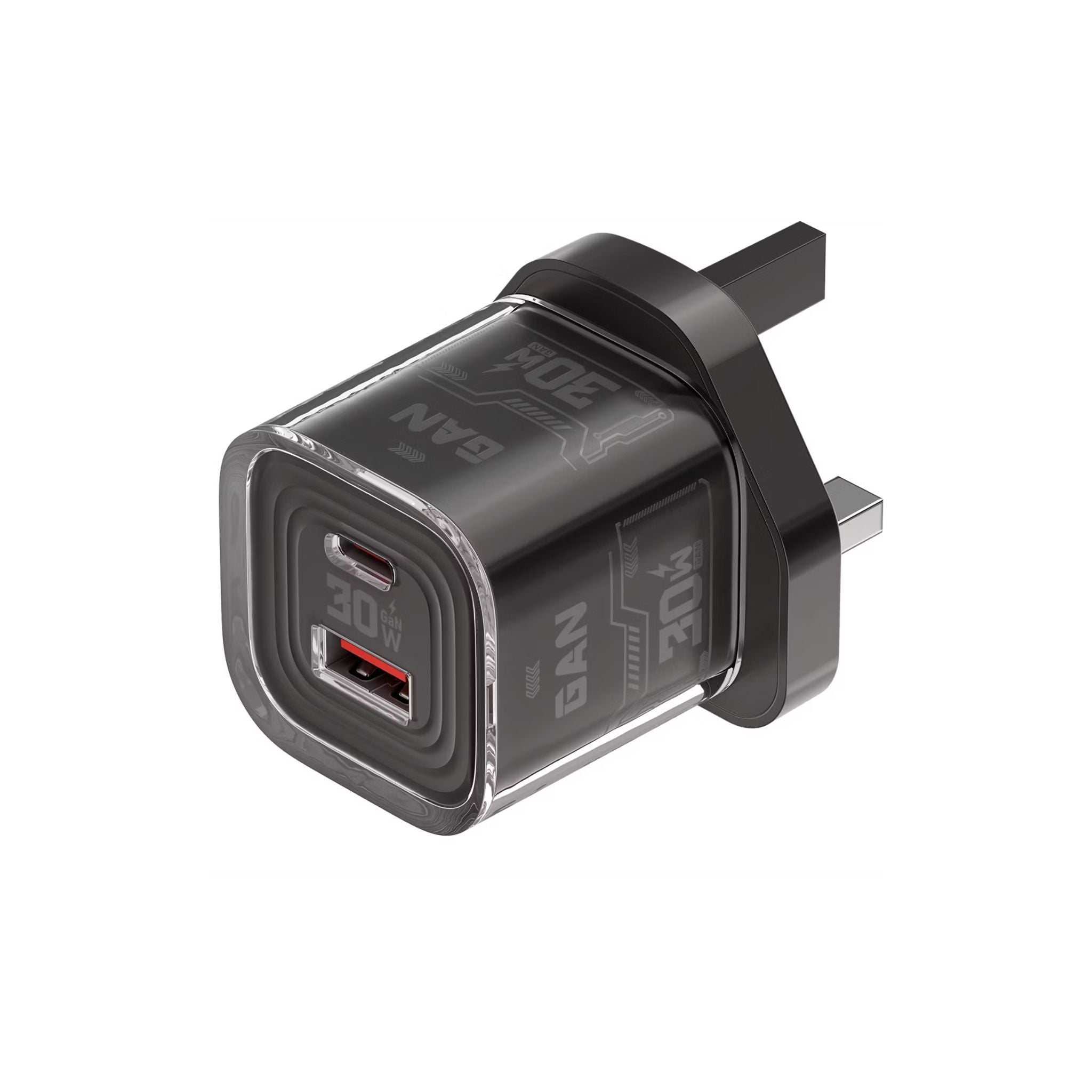 Porodo TEZCLARTÉ Quick Wall Charger with Dual Port Fast Charging, Flame Retardant Housing, Transparent Design, PD 30W USB-C Output, QC 20W USB-A Output - Black