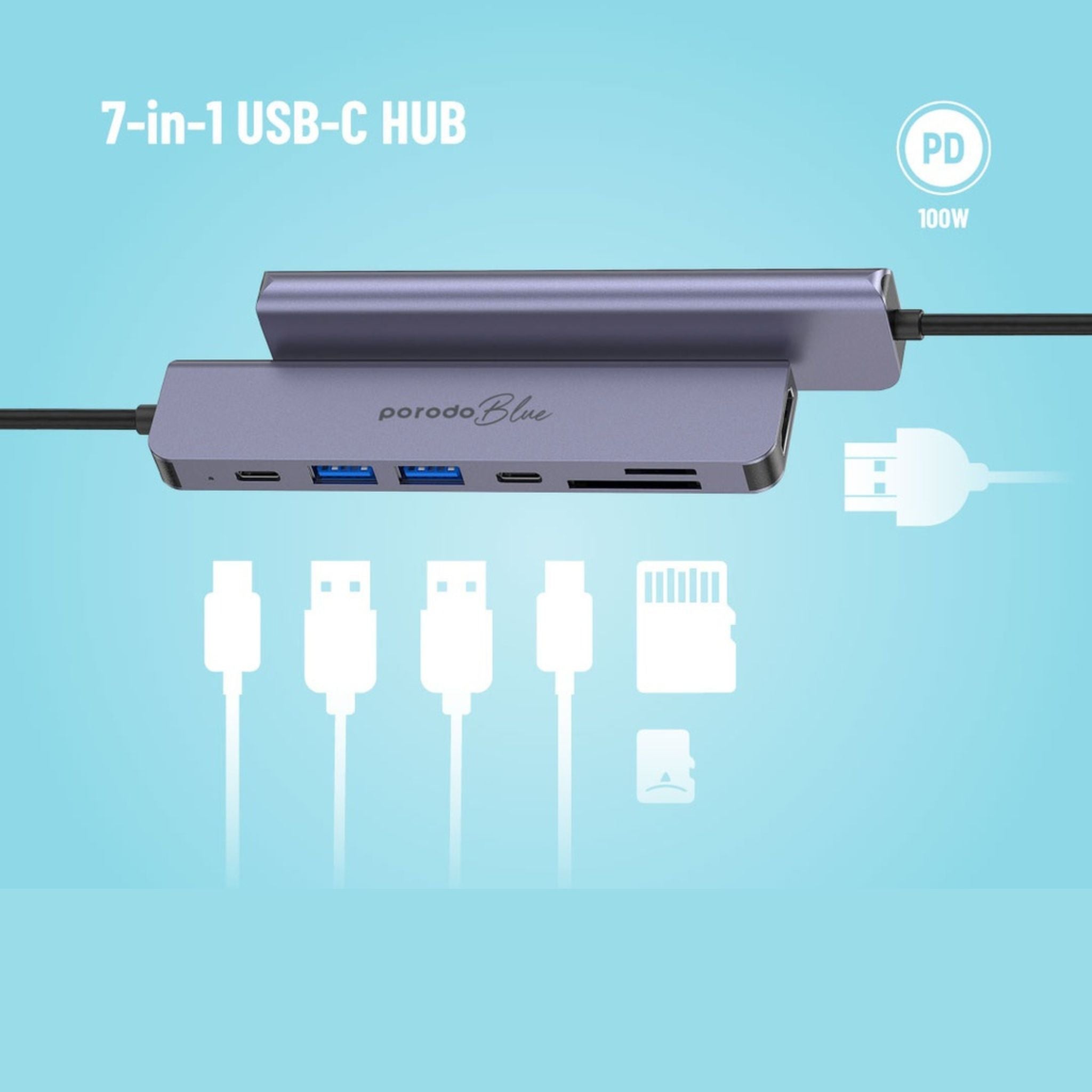 Porodo Blue 7 Ports USB-C HUB 4K HDMI & Dual USB-C, 100W PD, Card Reader, Plug and Play, Hot Swappable, Windows/Mac OS/Android - Gray