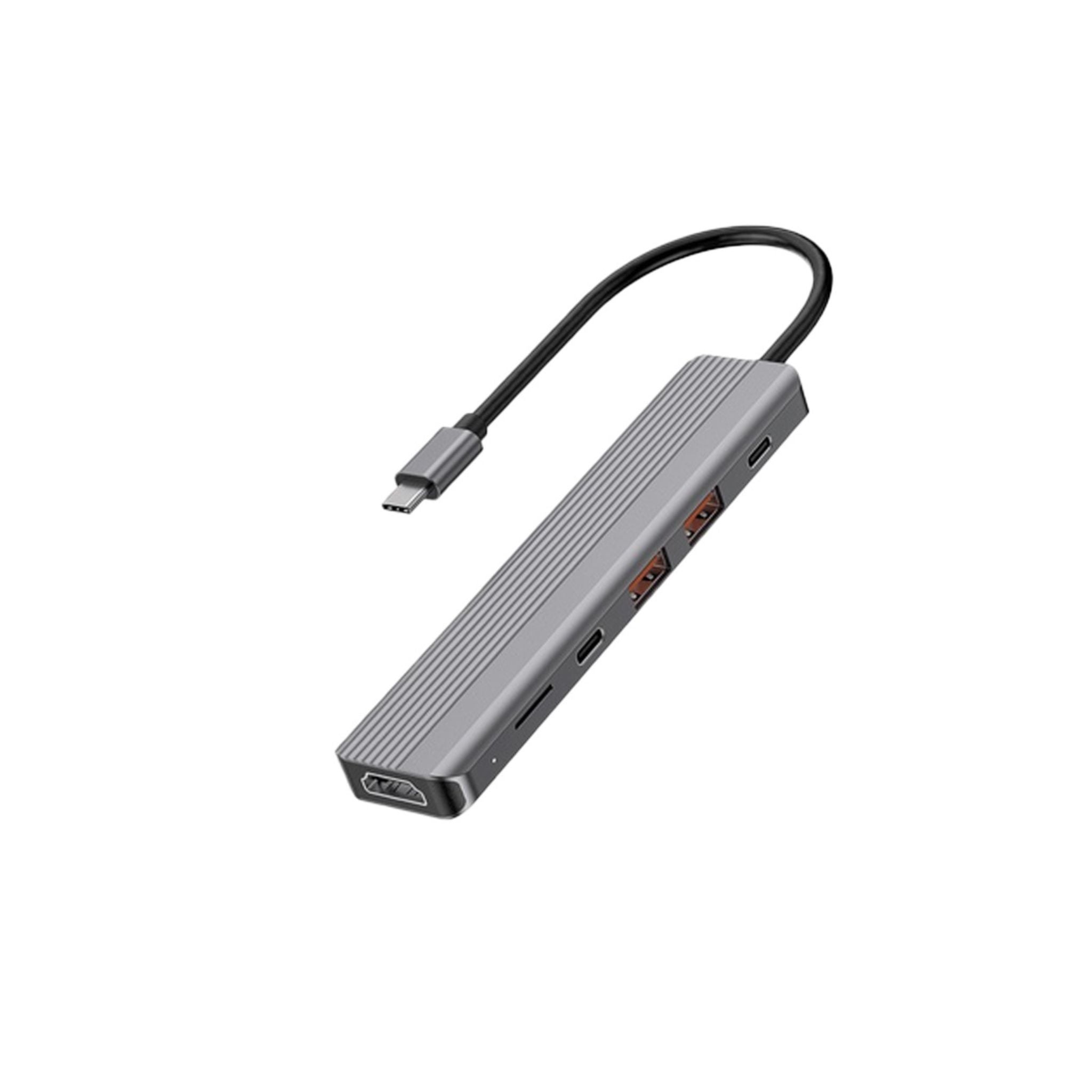 A gray Powerology 6-in-1 Slim 4K HDMI USB-C Hub with a micro SD slot, featuring a USB-C and HDMI port.