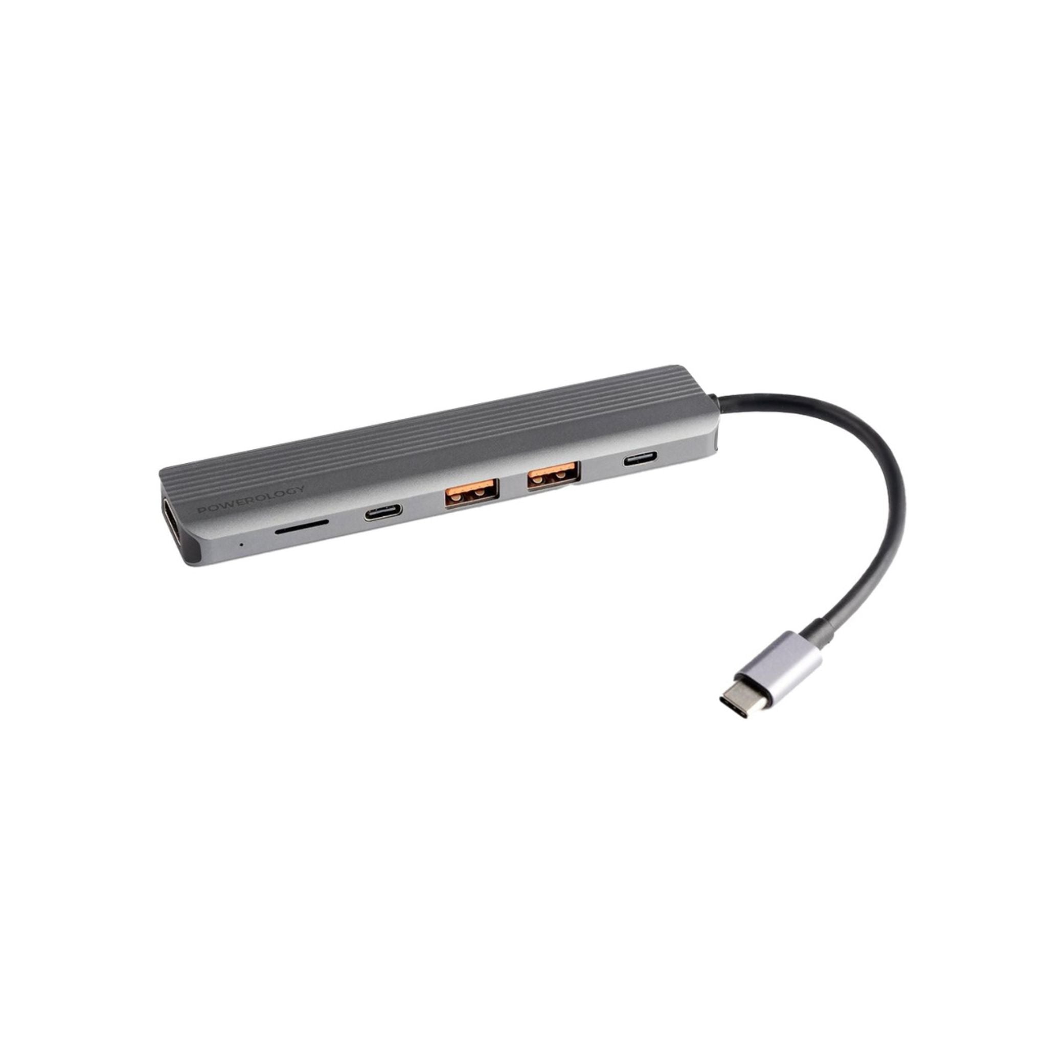 Powerology 6-in-1 Slim USB-C Hub with 4K Ultra HD HDMI, 100W PD, v3.2 10Gbps Super Speed USB-C Data, 2 x v3.2 10Gbps Super Speed USB-C Data, 4K UHD @ 60Hz HDMI, Supports v3.0 MicroSD, Fast Data & Charge - Gray