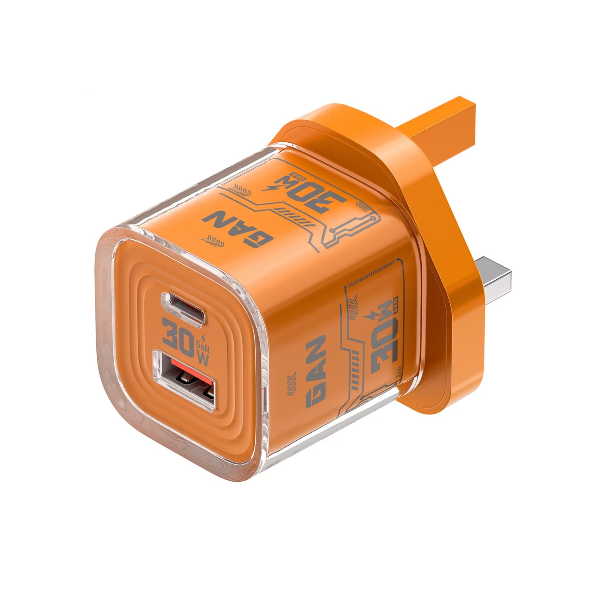 Porodo TEZCLARTÉ Quick Wall Charger with Dual Port Fast Charging, Flame Retardant Housing, Transparent Design, PD 30W USB-C Output, QC 20W USB-A Output - Orange