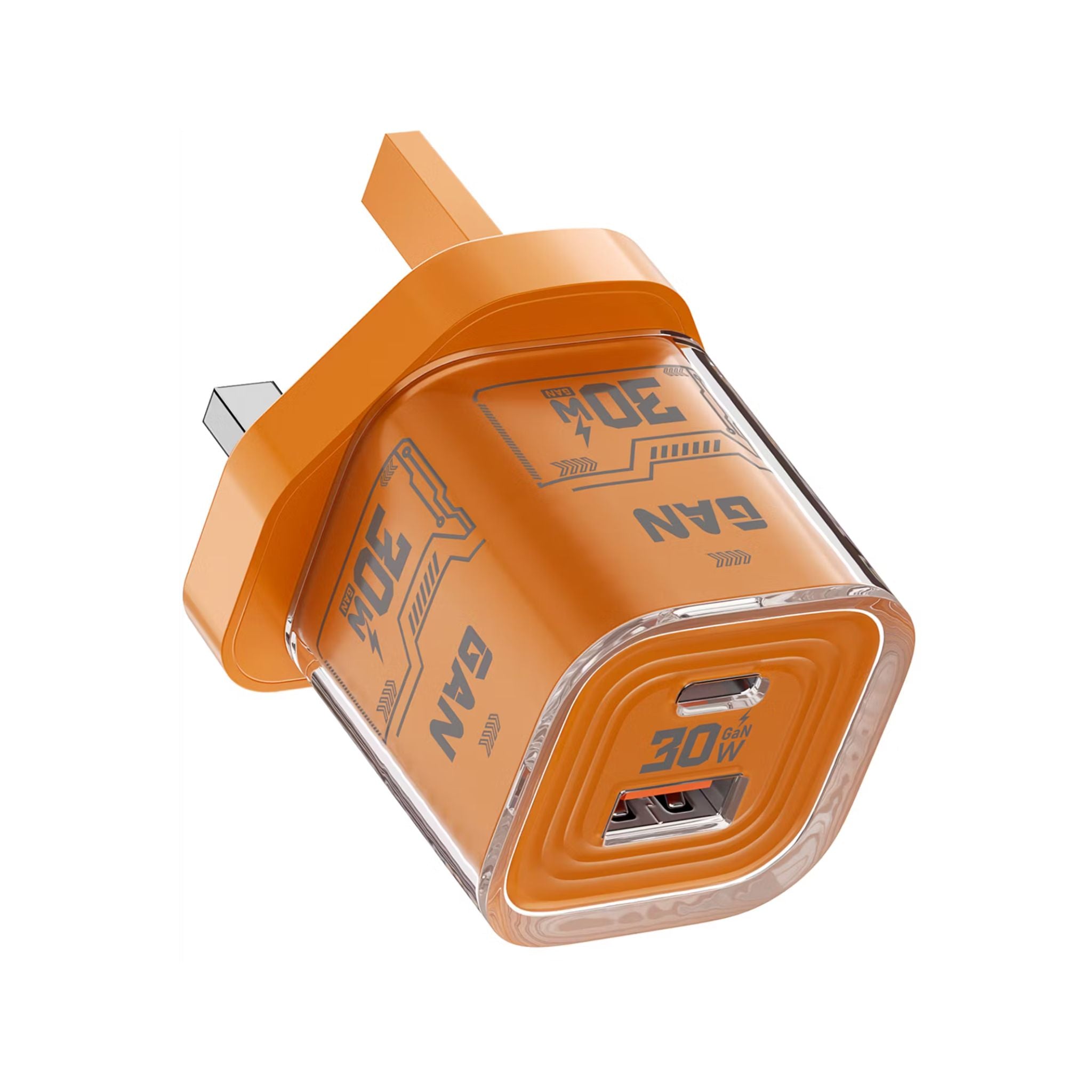 Porodo TEZCLARTÉ Quick Wall Charger with Dual Port Fast Charging, Flame Retardant Housing, Transparent Design, PD 30W USB-C Output, QC 20W USB-A Output - Orange