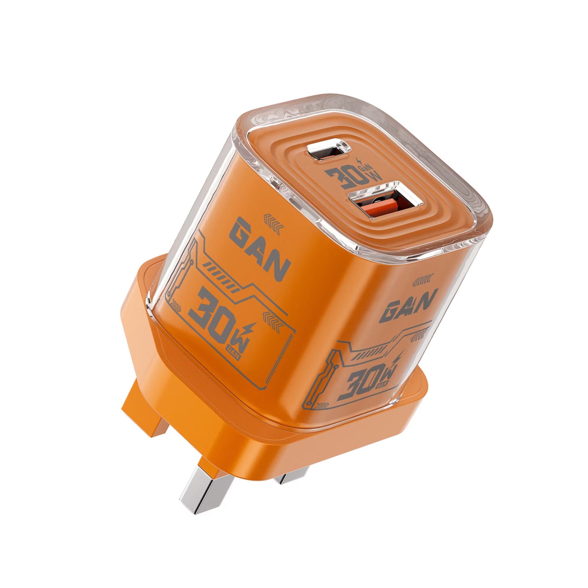 Porodo TEZCLARTÉ Quick Wall Charger with Dual Port Fast Charging, Flame Retardant Housing, Transparent Design, PD 30W USB-C Output, QC 20W USB-A Output - Orange