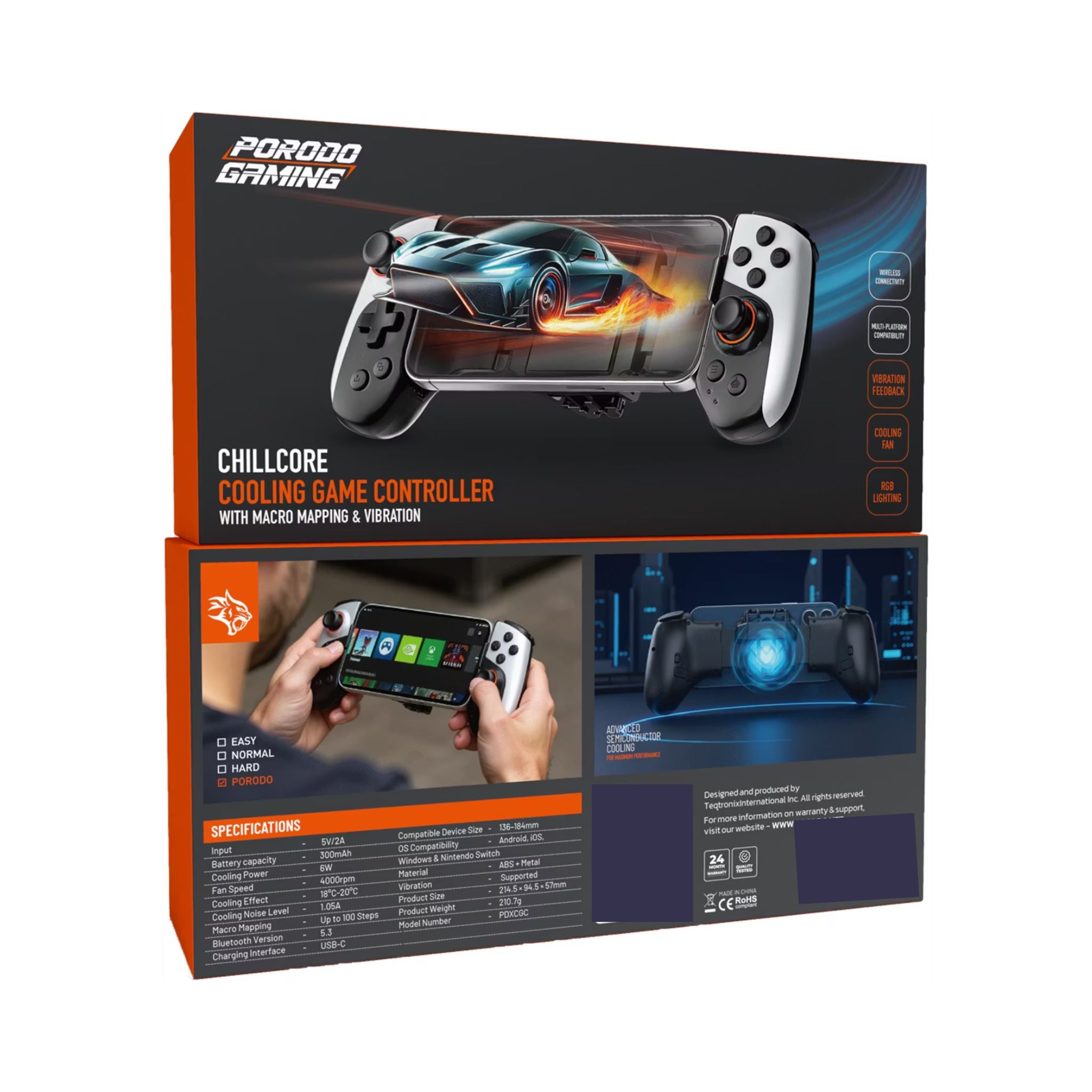 Porodo Gaming Chillcore Coolling Game Controller with Active Cooling System, Customizable Macro Mapping, Multi-Platform, Universal Phone Compatibility, Wireless Connectivity, USB-C Charging Interface - Black