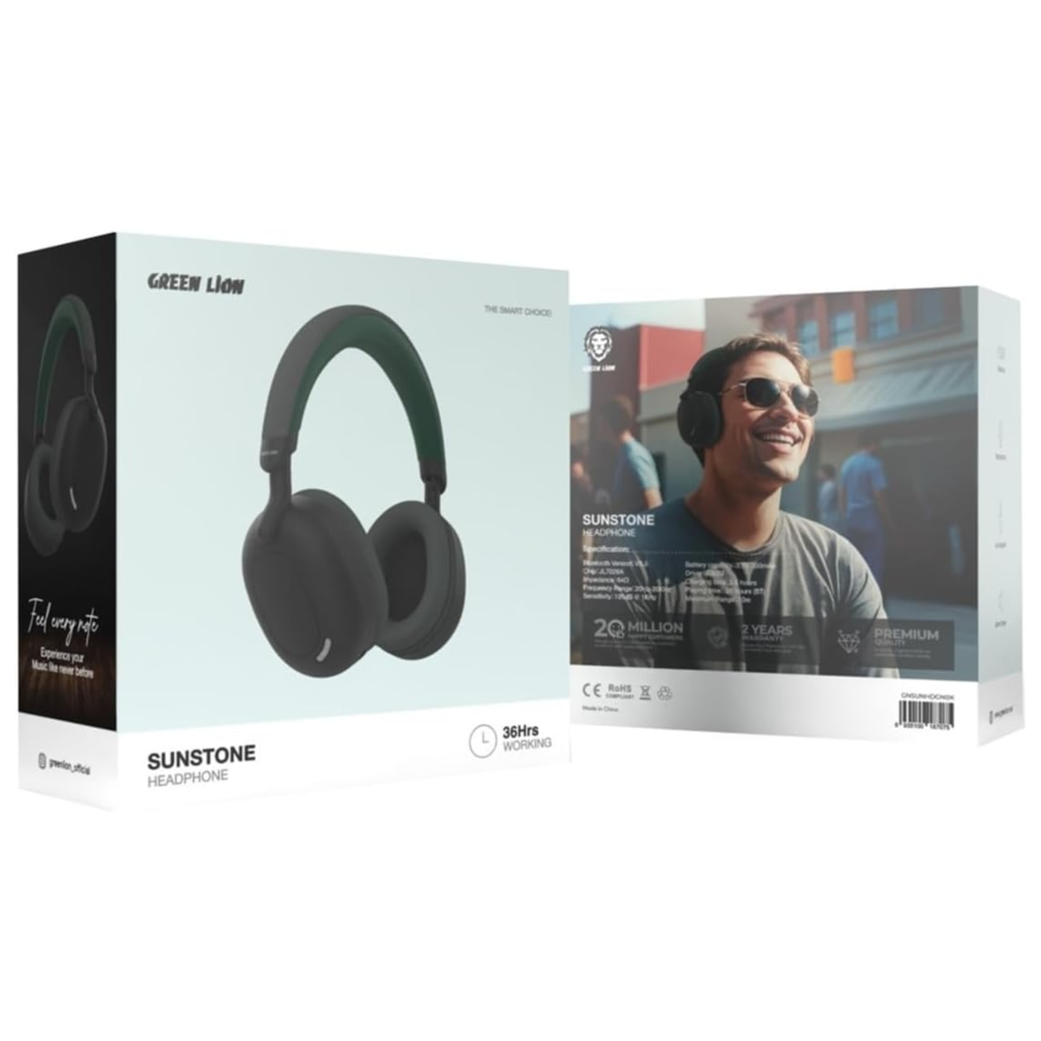 Green Lion Sunstone Headphone,AUX Support,40mm Driver,10M Distance,36H Working Time,2.5H Charging Time,Built-In Microphone,Bluetooth V5.3,Fit & Comfortable - Black/Green