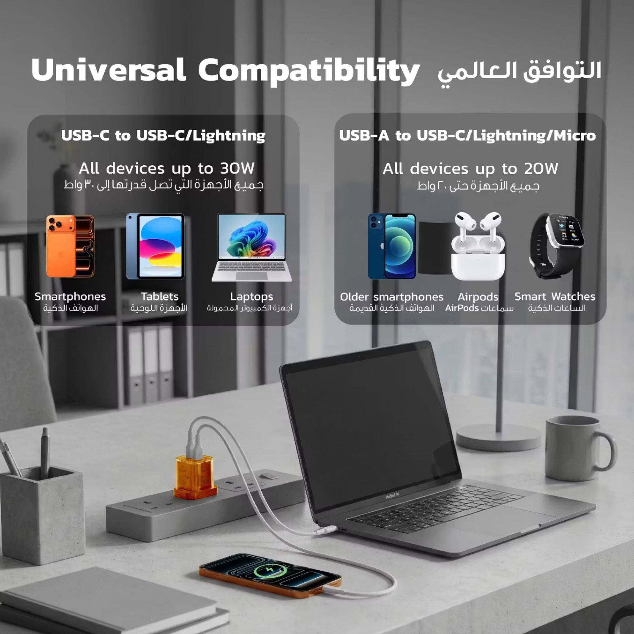 Porodo TEZCLARTÉ Quick Wall Charger with Dual Port Fast Charging, Flame Retardant Housing, Transparent Design, PD 30W USB-C Output, QC 20W USB-A Output - Orange