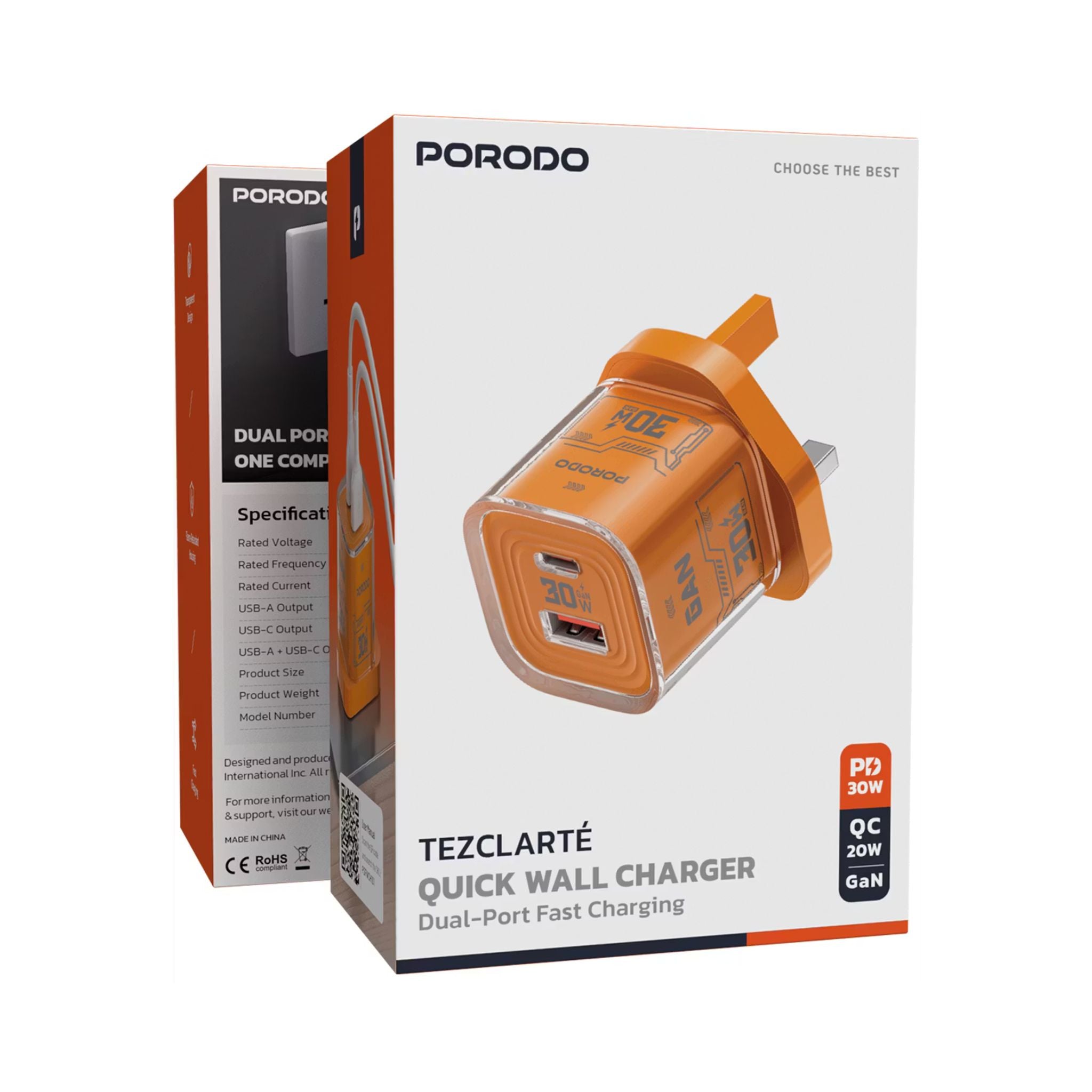 Porodo TEZCLARTÉ Quick Wall Charger with Dual Port Fast Charging, Flame Retardant Housing, Transparent Design, PD 30W USB-C Output, QC 20W USB-A Output - Orange