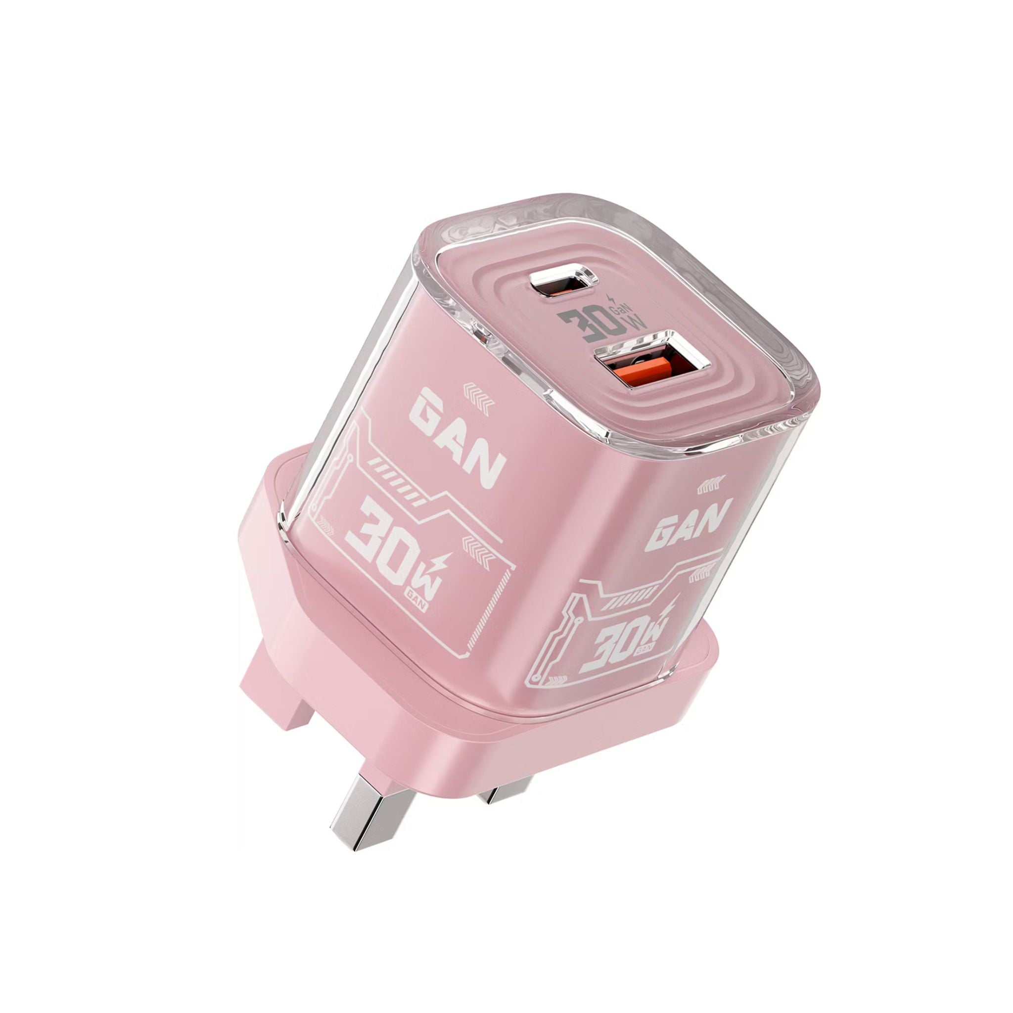 Porodo TEZCLARTÉ Quick Wall Charger with Dual Port Fast Charging, Flame Retardant Housing, Transparent Design, PD 30W USB-C Output, QC 20W USB-A Output - Pink