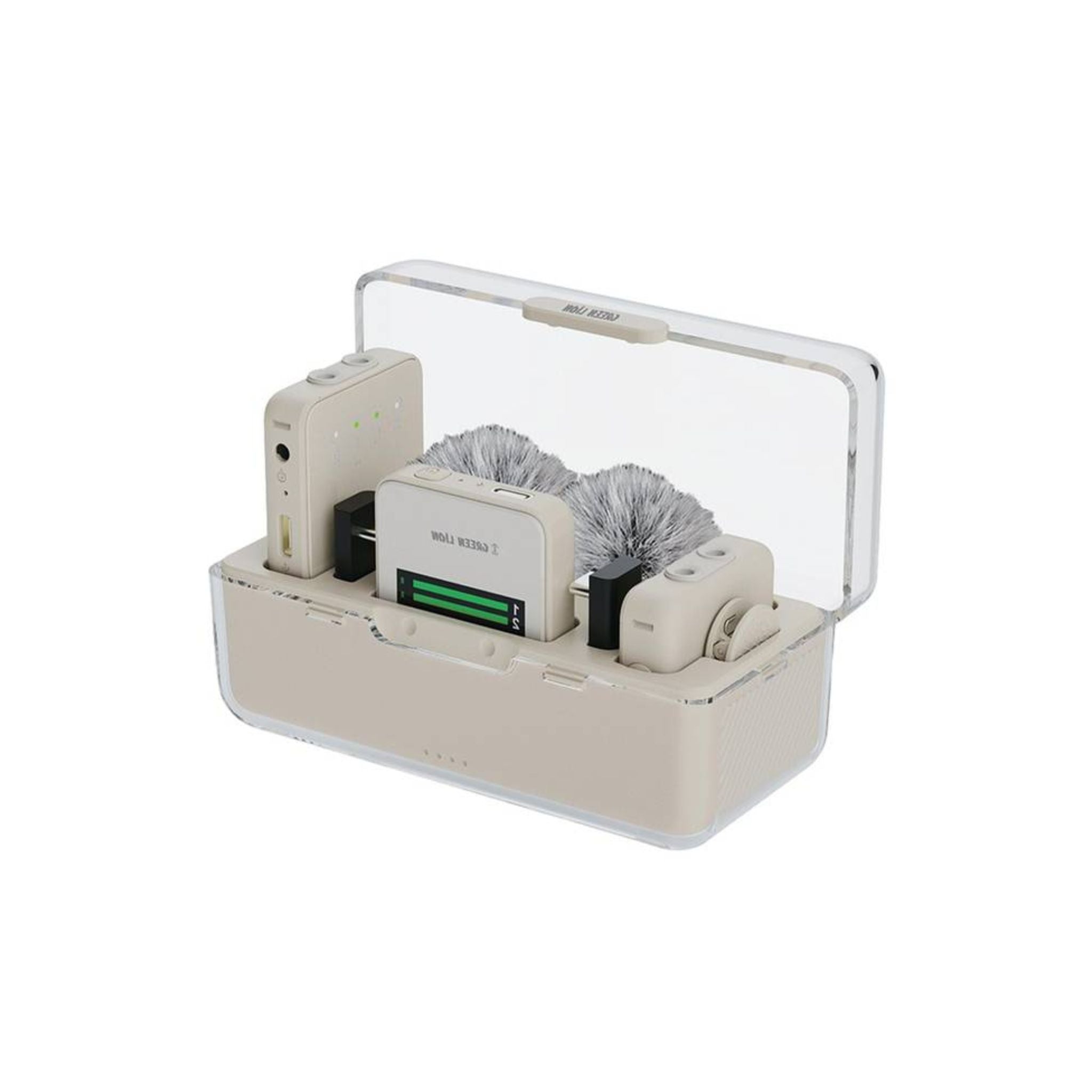 A professional wireless microphone set by Green Lion, including two microphones and a receiver, displayed in a charging case with a clear lid.