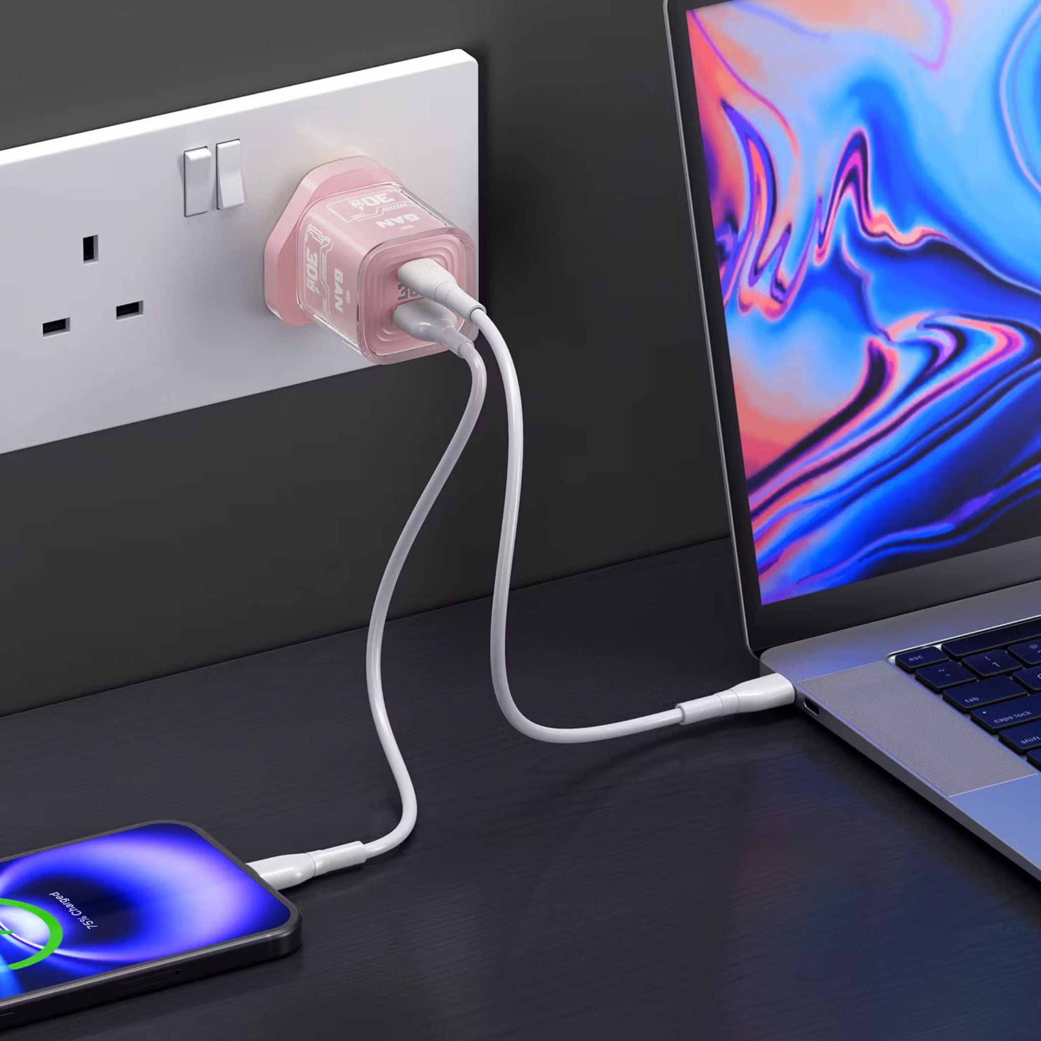 Porodo TEZCLARTÉ Quick Wall Charger with Dual Port Fast Charging, Flame Retardant Housing, Transparent Design, PD 30W USB-C Output, QC 20W USB-A Output - Pink