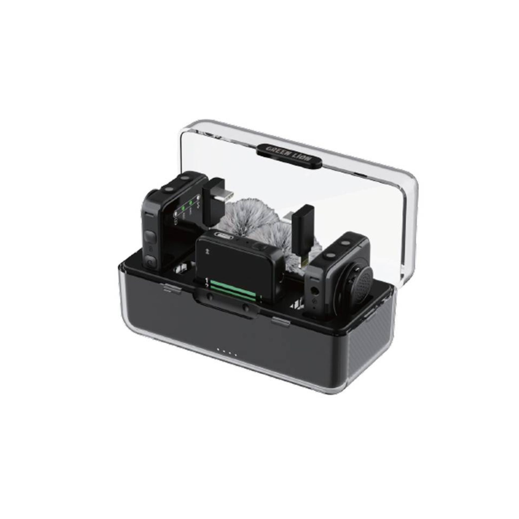 A professional wireless microphone system by Green Lion, consisting of two black microphones and one receiver, displayed alongside a charging case.