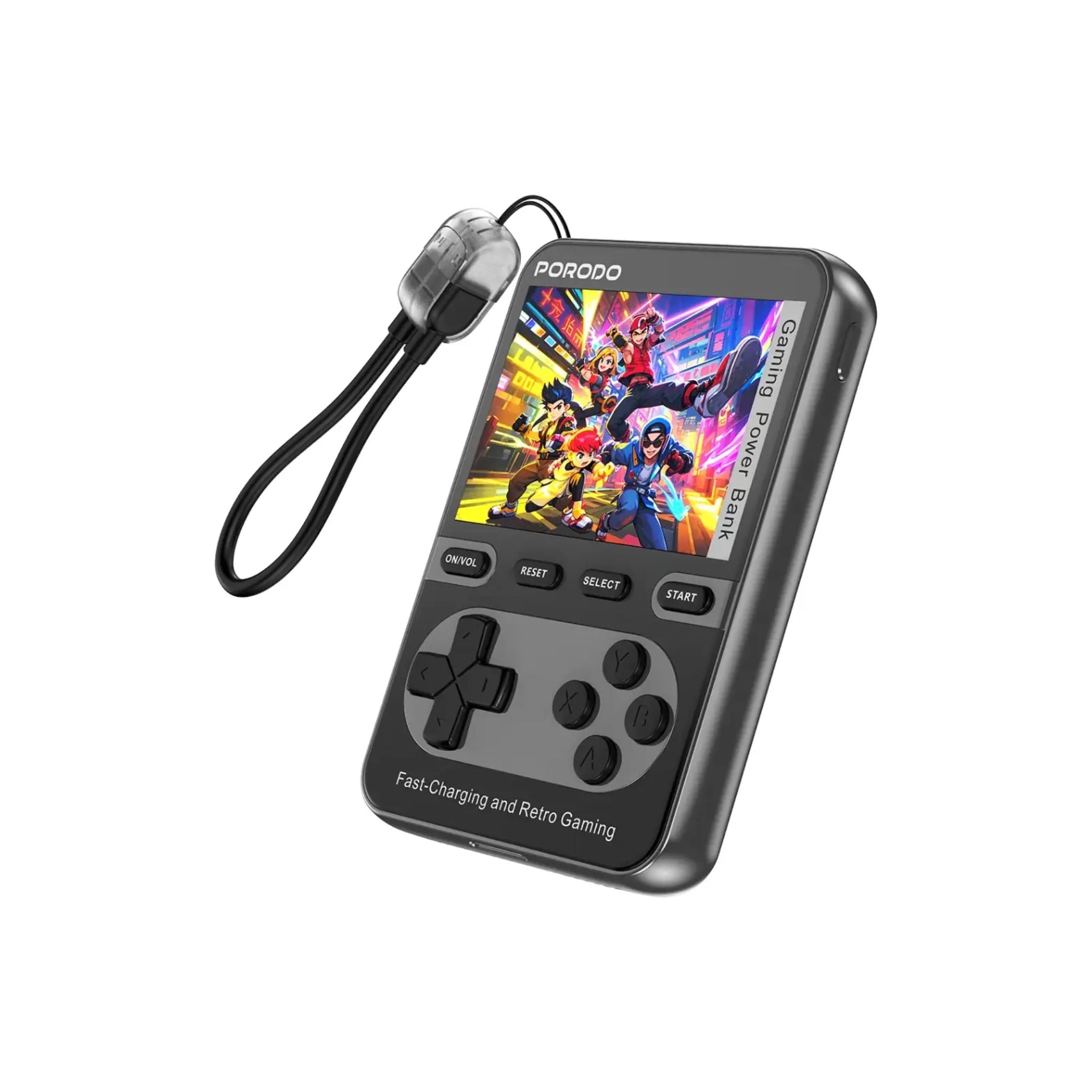 Porodo Arcadevolt 10000mAh MagSafe Power Bank with Built-in Console, +100 Classic Games, PD 20W, 2.8" HD Display, Type-C Lanyard Cable - Black