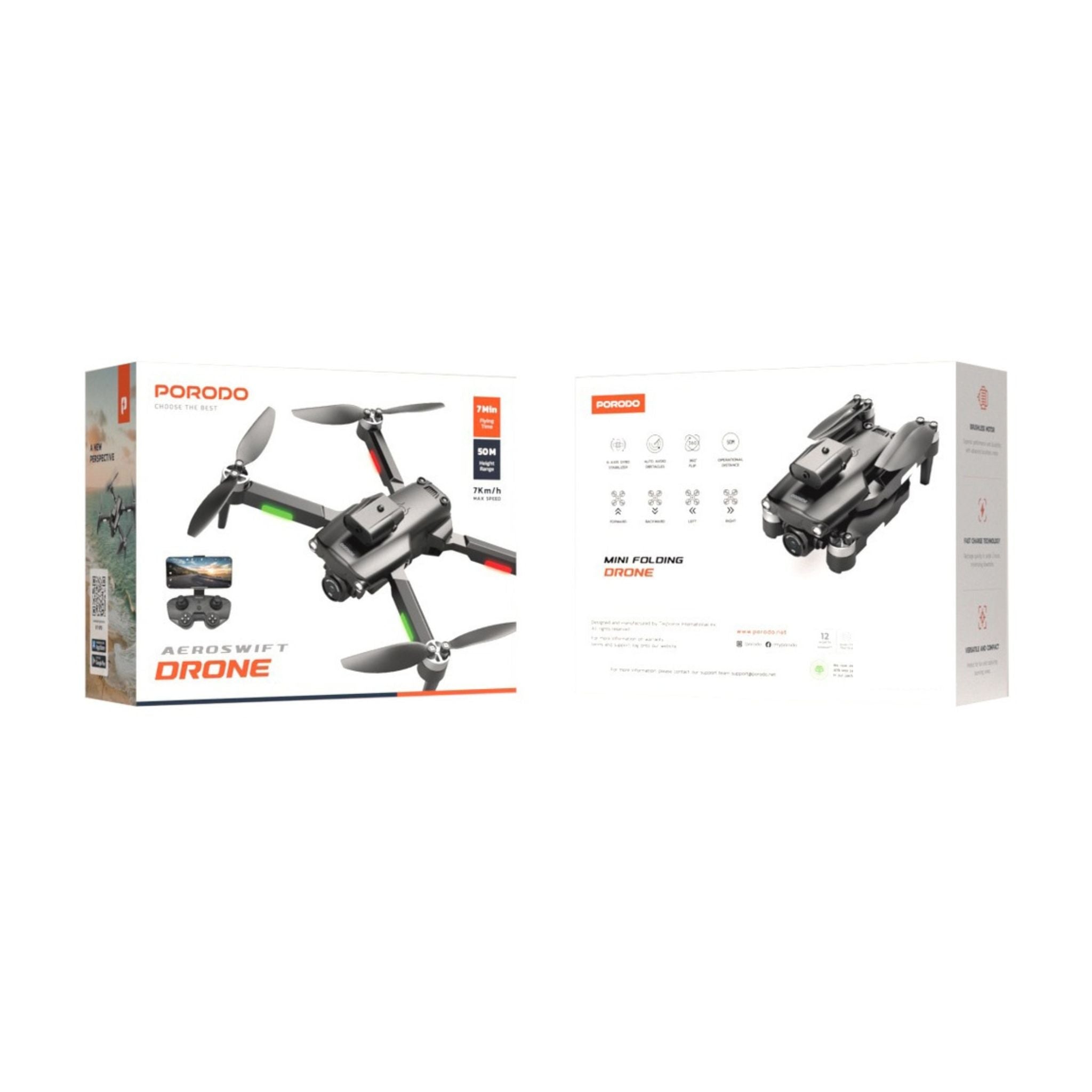 Porodo R/C  Folding Drone With Brushless Motor and Infrared Obstacle Avoidance,50M Height,7KM/H Max Speed Suitable for Kids & Adult,Fast-Charge Tech,Versatile & Compact,6-Axis Gyro Stabilizer,360˚ Flip- Black