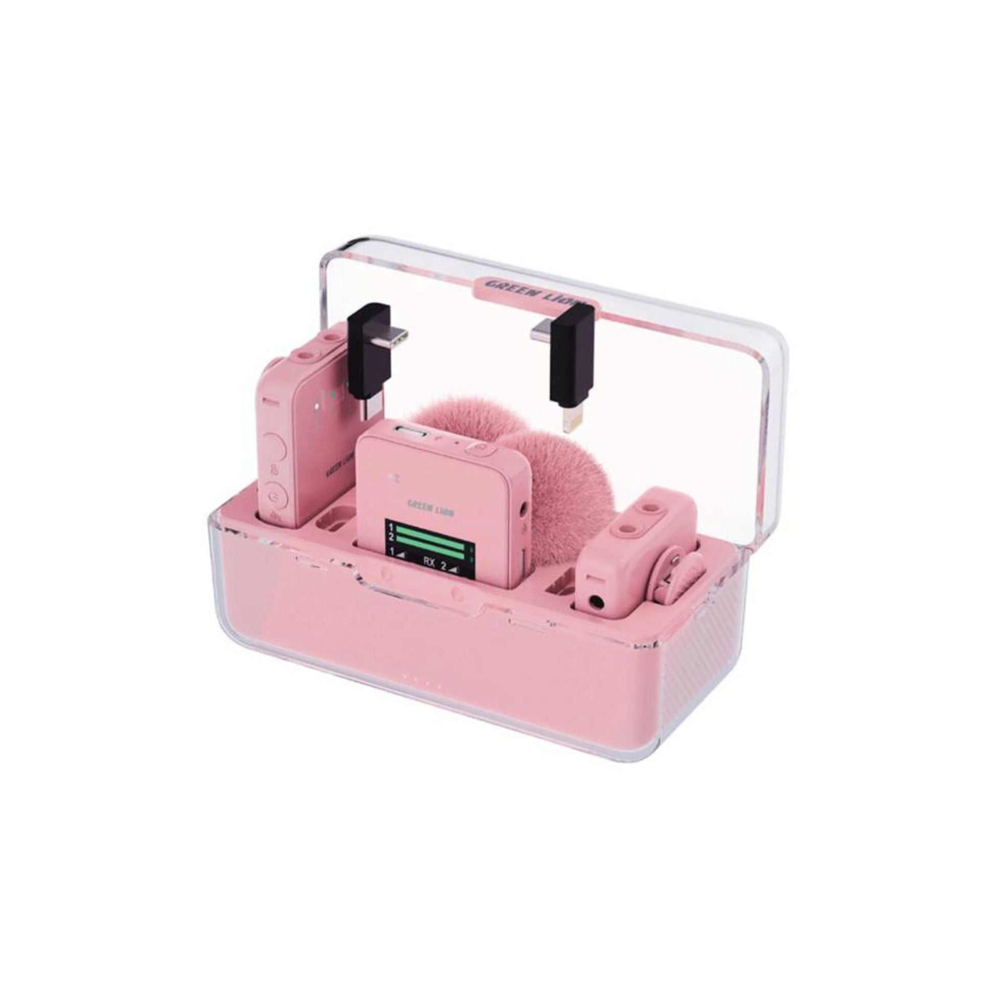 A pink Green Lion professional wireless microphone set with a charging case.