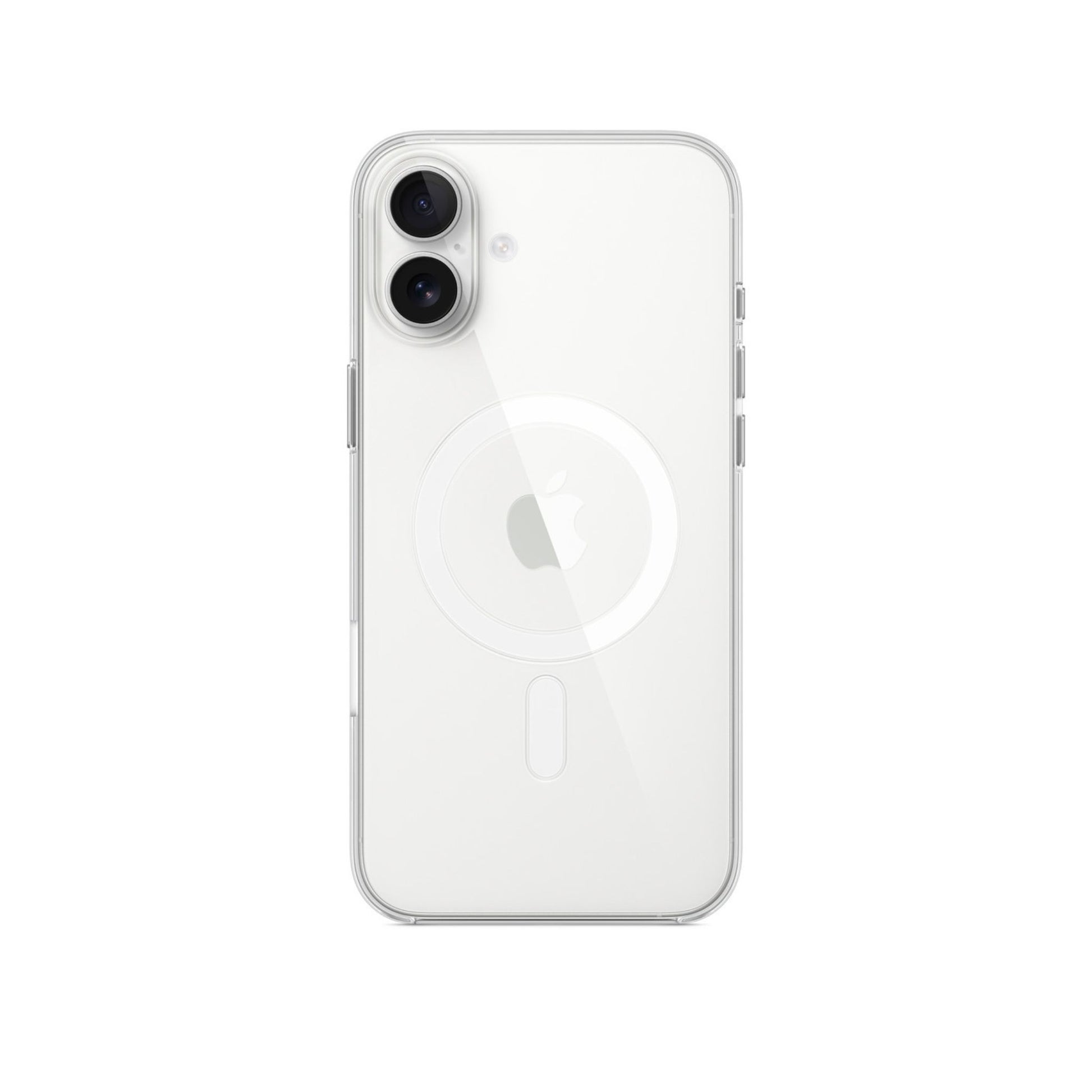 An Apple iPhone 16 Plus clear case with MagSafe technology, showcasing the back side of the phone with the camera and Apple logo visible.