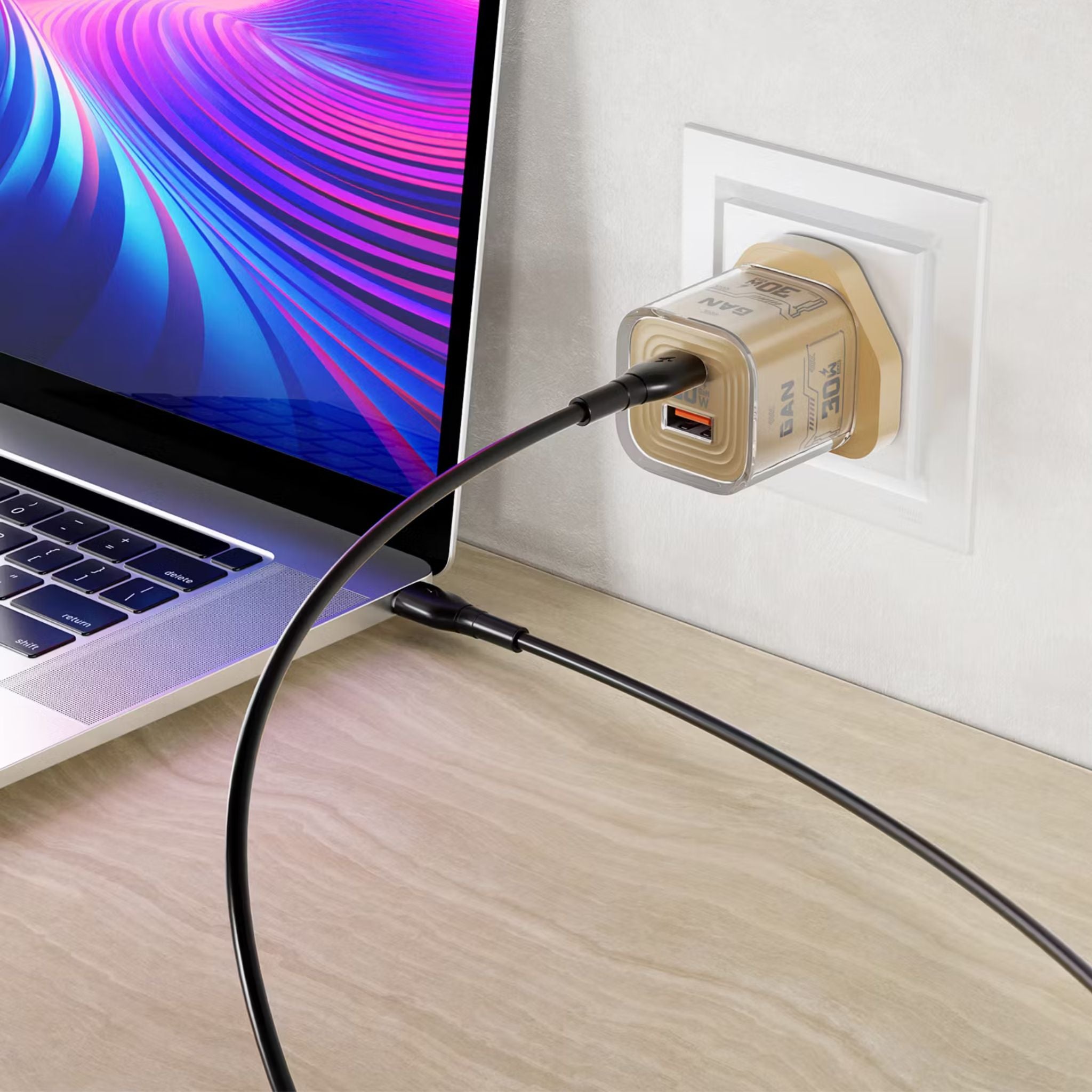 Porodo TEZCLARTÉ Quick Wall Charger with Dual Port Fast Charging, Flame Retardant Housing, Transparent Design, PD 30W USB-C Output, QC 20W USB-A Output - Khaki