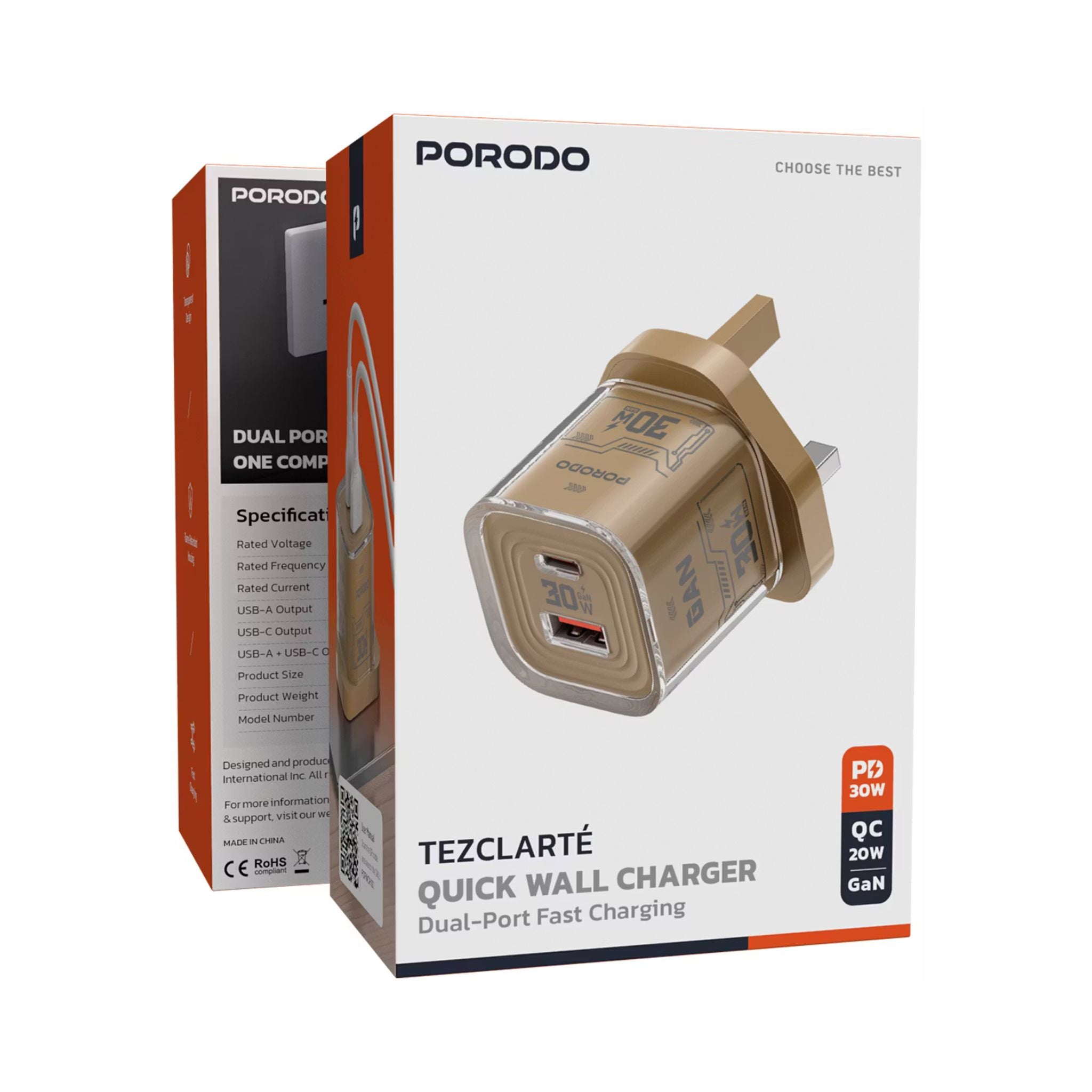 Porodo TEZCLARTÉ Quick Wall Charger with Dual Port Fast Charging, Flame Retardant Housing, Transparent Design, PD 30W USB-C Output, QC 20W USB-A Output - Khaki