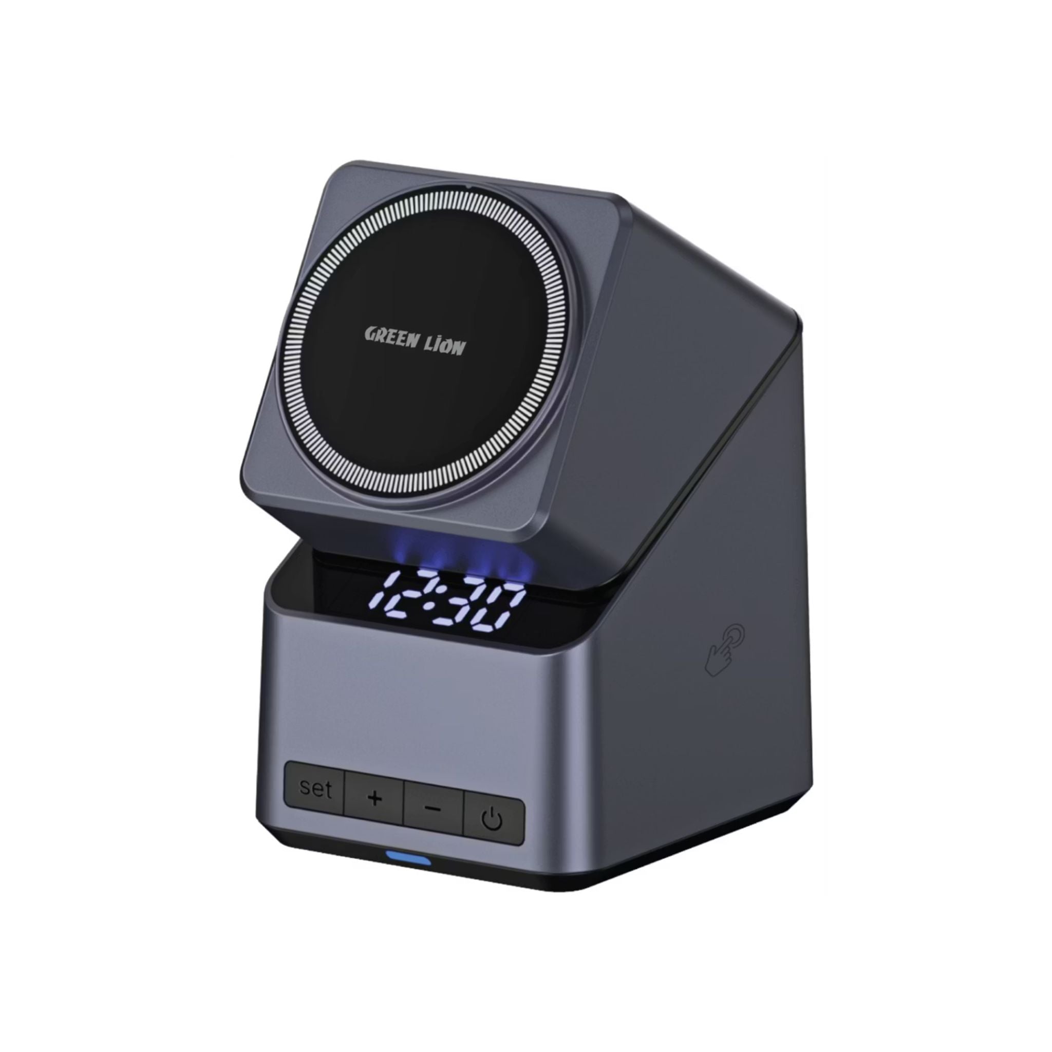 Gray electronic device with digital display and control buttons on a white background