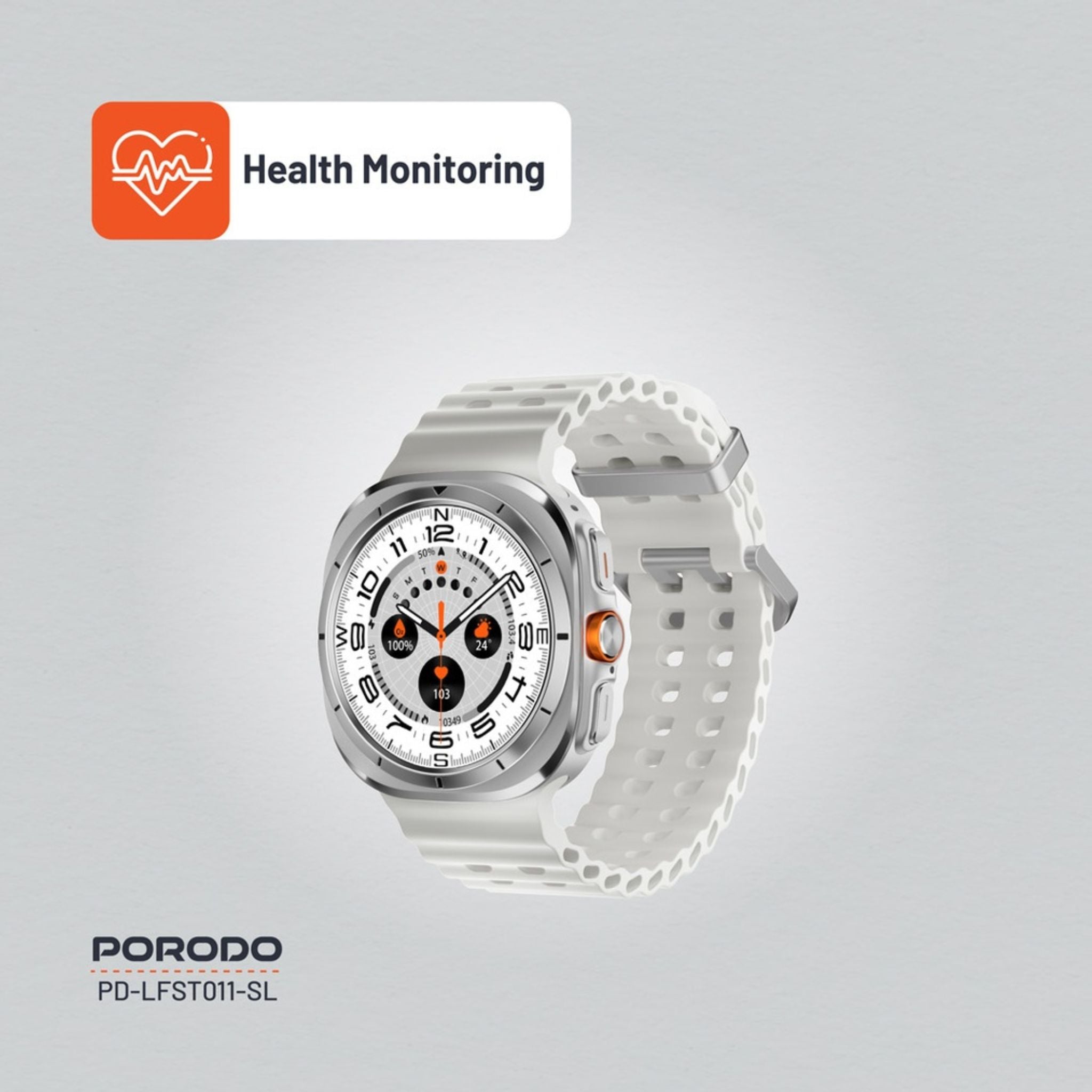 Porodo Voyager Smart Watch 1.43" AMOLED Display 466×466, Bluetooth Calling, Built-In Compass, Rugged Zinc Alloy Design, 400mAh Battery Up to 7 Days, Android & iOS Compatible- Silver