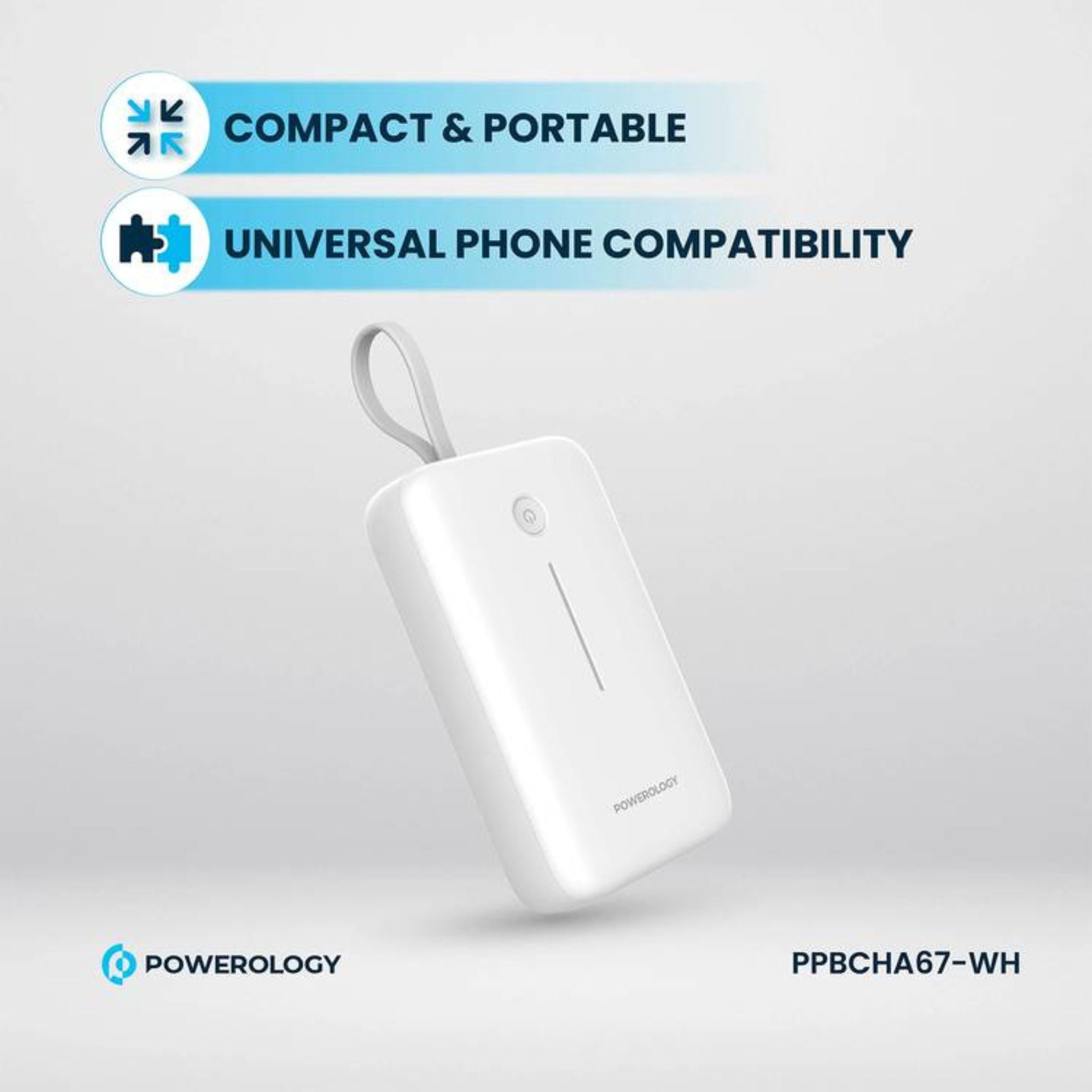 Powerology 20000mAh Power Bank with Detachable USB-C Wire, 30W Power Delivery, 3-Device Charging, Long Time Standby, Universal Phone Compatibility, Built-in Safeguards - White