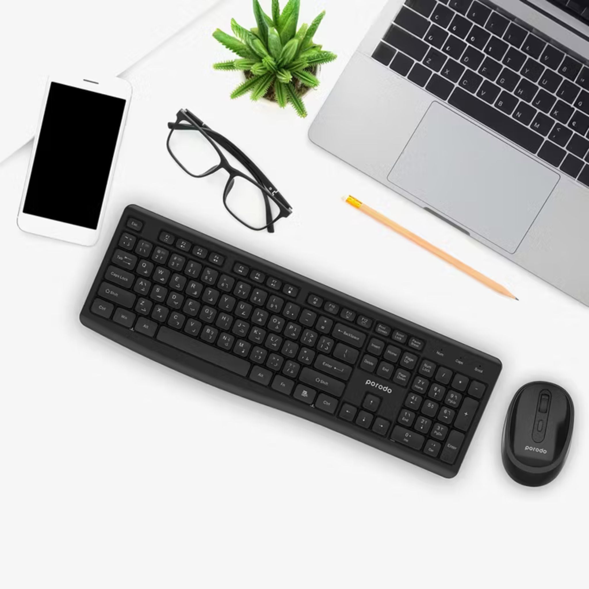 Porodo Dual Mode Wireless Keyboard & Mouse Set with Bluetooth Connection, Wireless 2.4GHz Connectivity, 104 Keys, 4 Mouse Buttons, Arabic & English Layout - Black