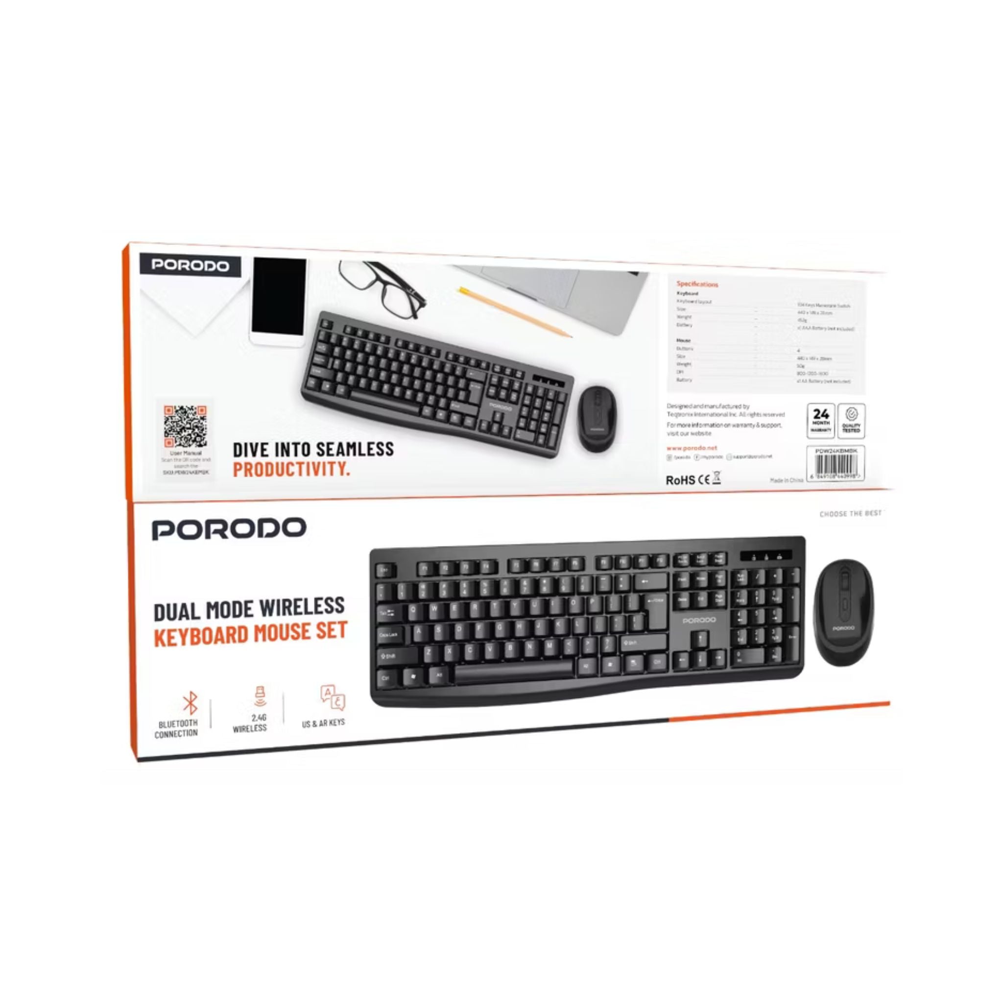 Porodo Dual Mode Wireless Keyboard & Mouse Set with Bluetooth Connection, Wireless 2.4GHz Connectivity, 104 Keys, 4 Mouse Buttons, Arabic & English Layout - Black