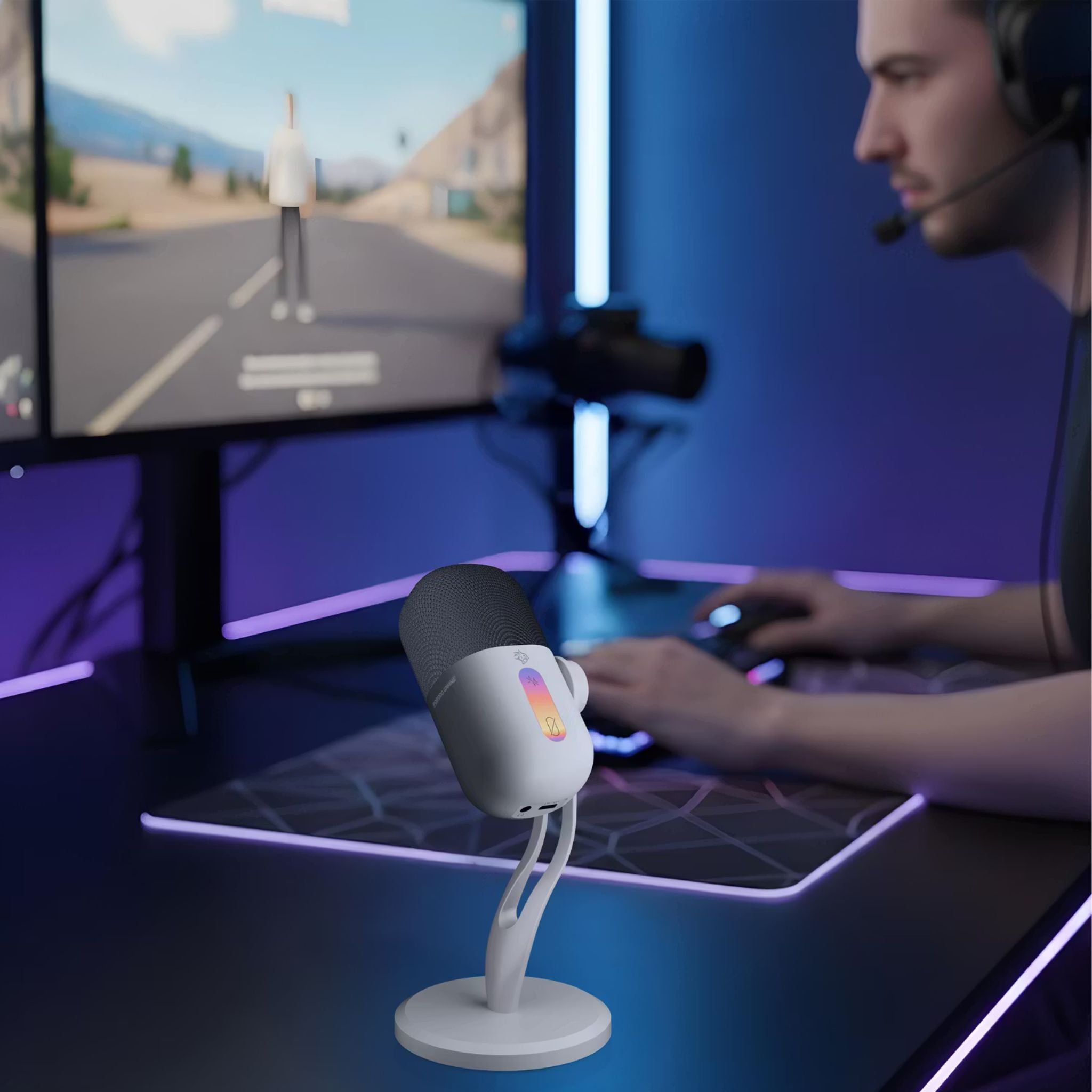 Porodo Gaming Elyx RGB Condenser Microphone with Noise Suppress Button, Adjustable Angle, Crystal Clear Recording, Mute Button, High Sampling Rate, High-Quality Sound, Plug & Play - White